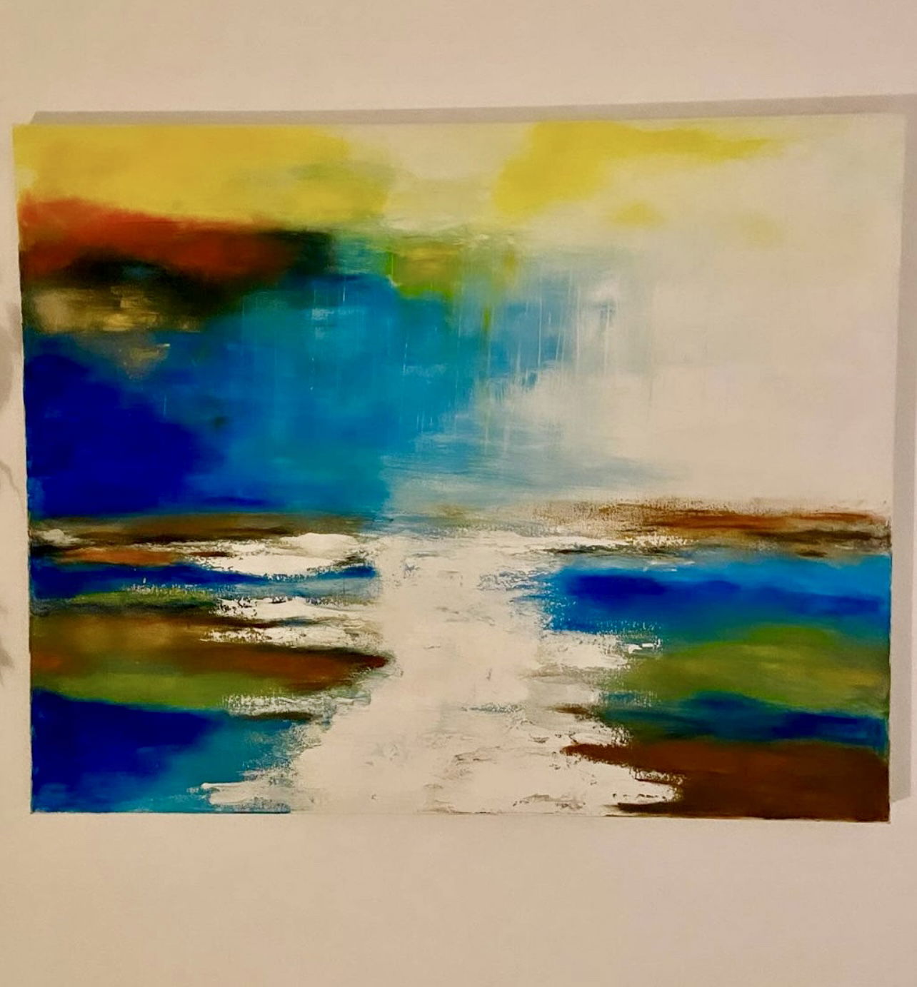 Abstract mixed media artwork featuring fluid gradients of azure and emerald, bathed in a luminous haze that evokes serenity and ethereal reflections of a horizon. Artwork style is Abstrakt and technique Mixed Media .