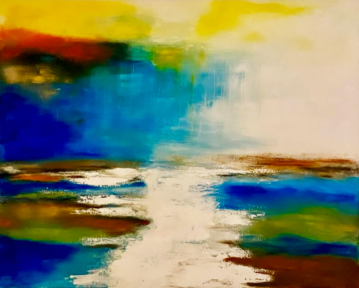 A mesmerizing fusion of azure and ochre fluidly coexist, invoking serenity and ethereal horizon; this abstract mixed media piece radiates tranquility and luminous reflection. Artwork style is Abstrakt and technique Mixed Media .