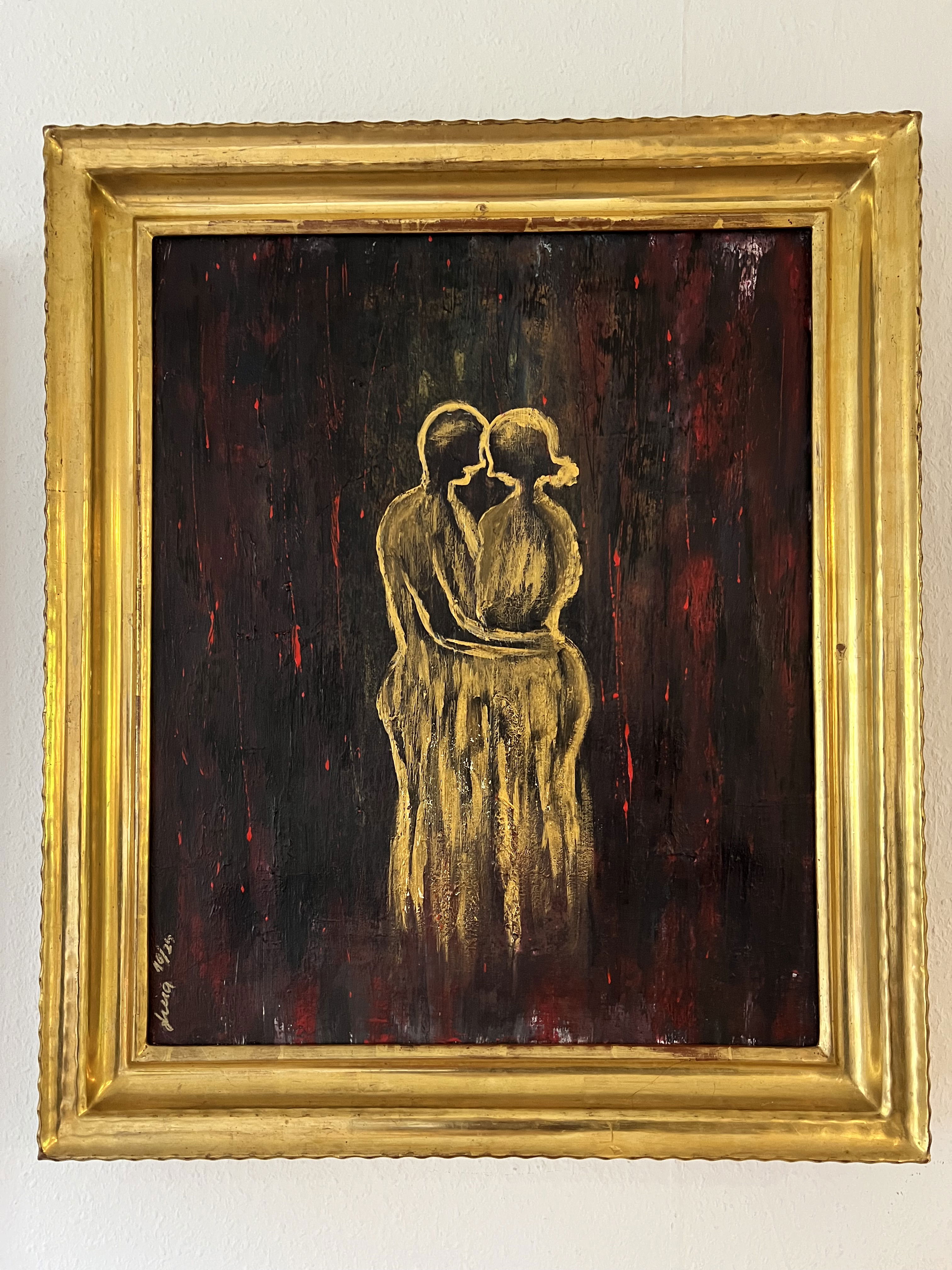 Abstract mixed media artwork depicting an entwined couple, capturing a silhouette of passion and intimacy against a shadowy backdrop. Abstrakt style, Mixed Media.