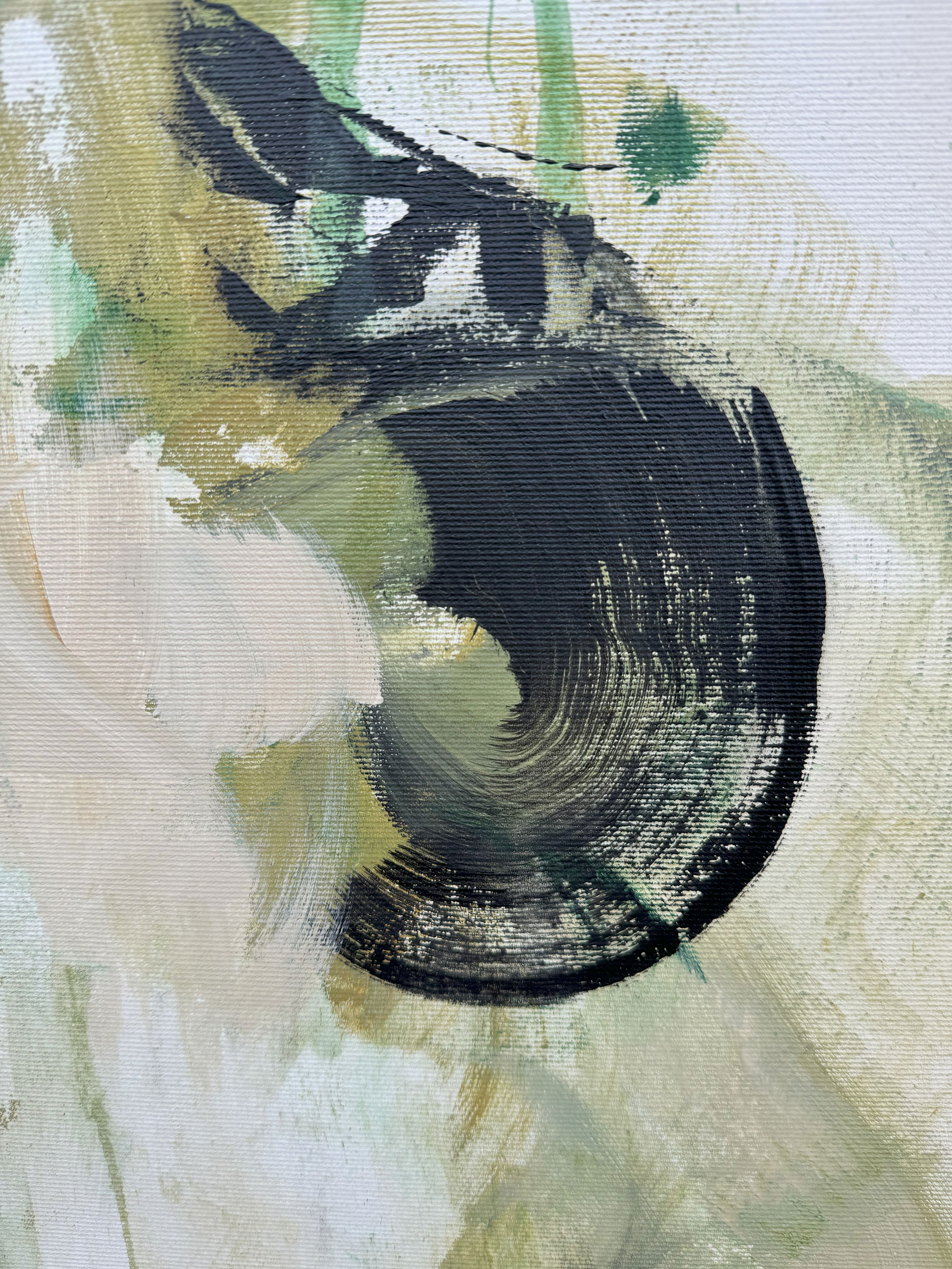 Abstract acrylic on canvas featuring amorphous brushstrokes and ochre swirls, capturing an interplay of turbulence and ethereal haze with contrasting voids and verdant streaks. Artwork style is Abstrakt and technique Acryl auf Leinwand.