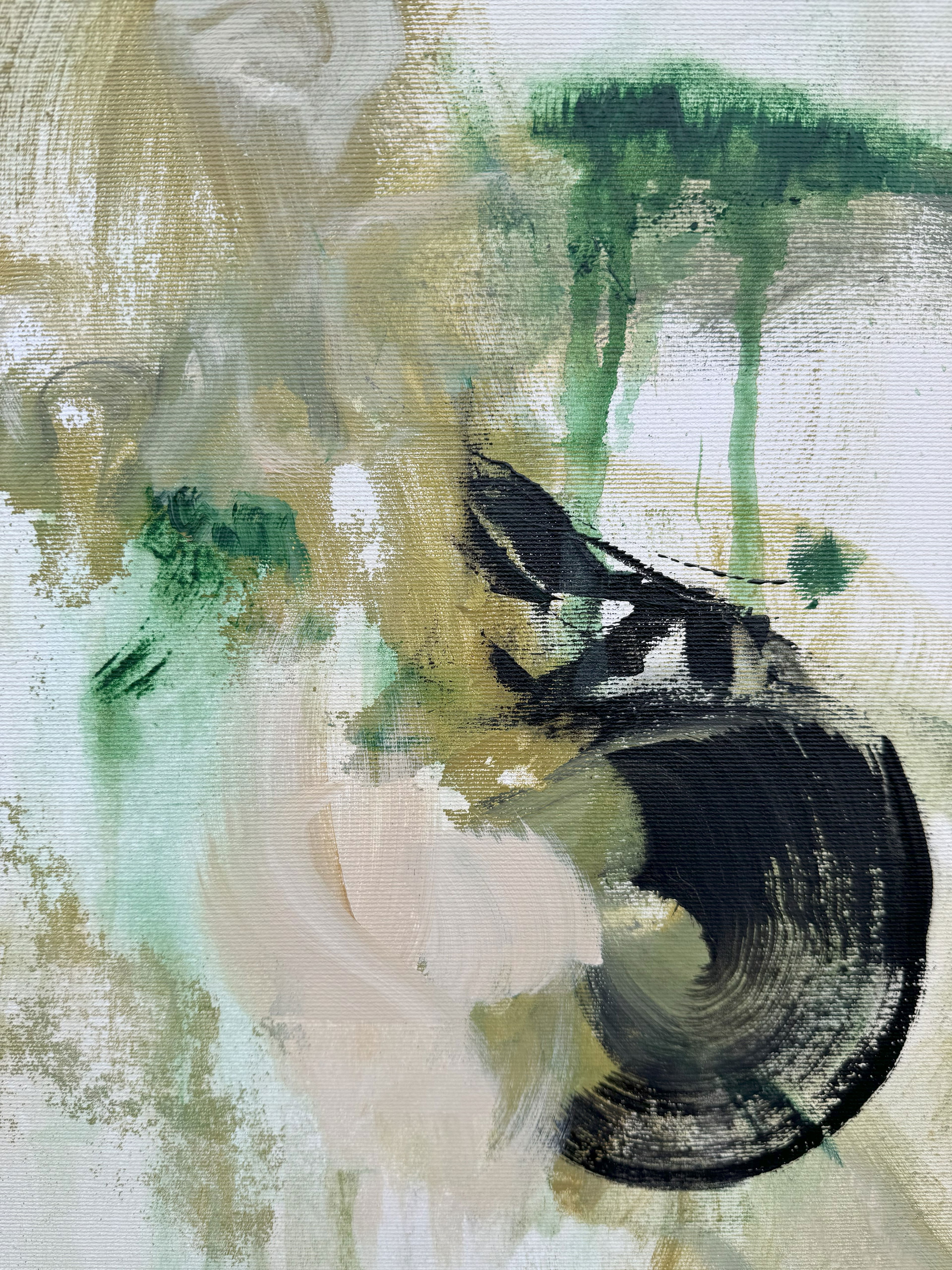 Abstract acrylic on canvas depicting swirling brushstrokes of black, green, and ochre with verdant drips, contrasting against ethereal ivory and shadowed voids. Artwork style is Abstrakt and technique Acryl auf Leinwand.