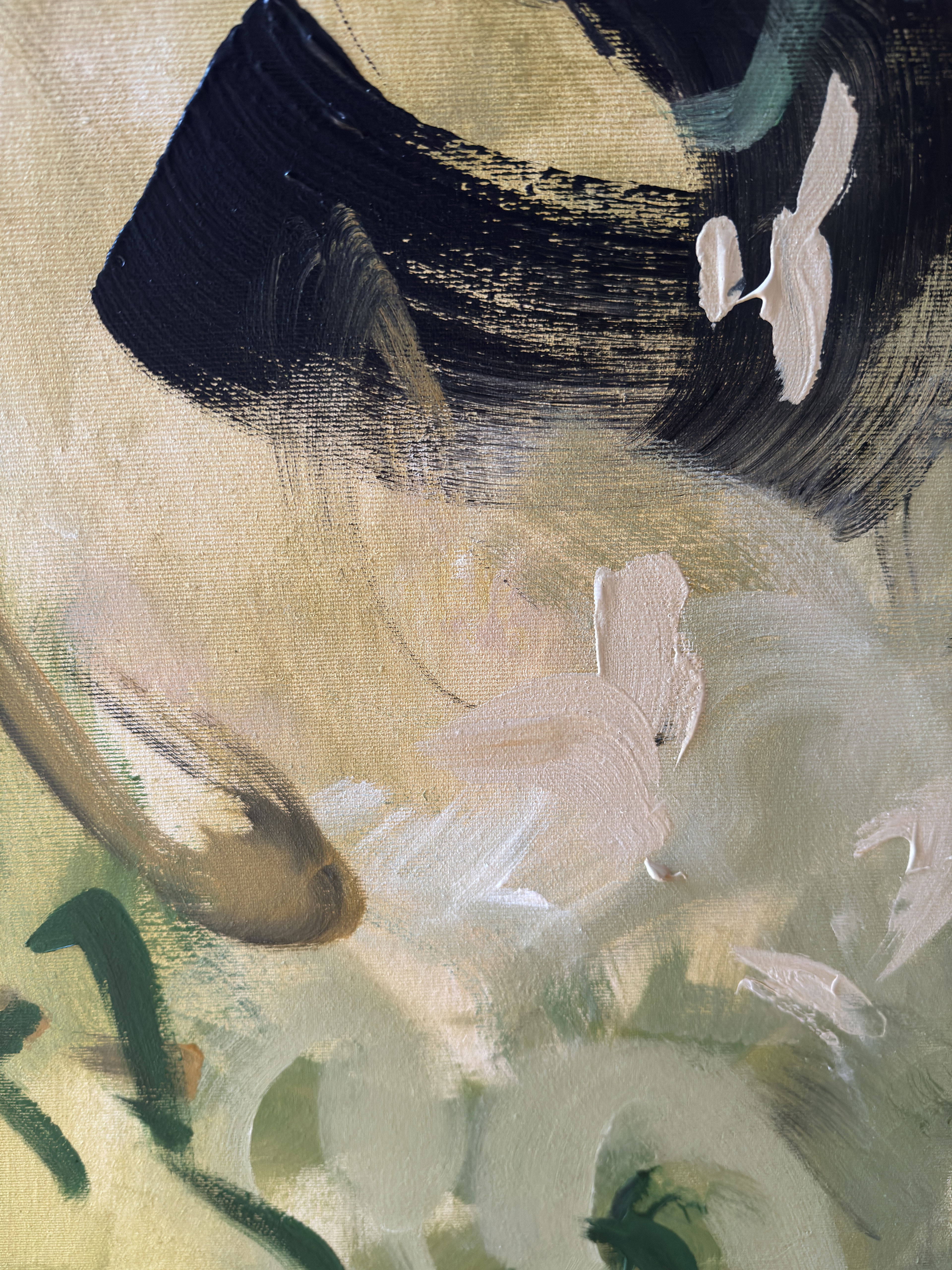 Abstract acrylic on canvas, swirling brushstrokes of ochre, ivory, and verdant hues blend into a turbulent yet ethereal dance of shadow and light. Artwork style is Abstrakt and technique Acryl auf Leinwand.