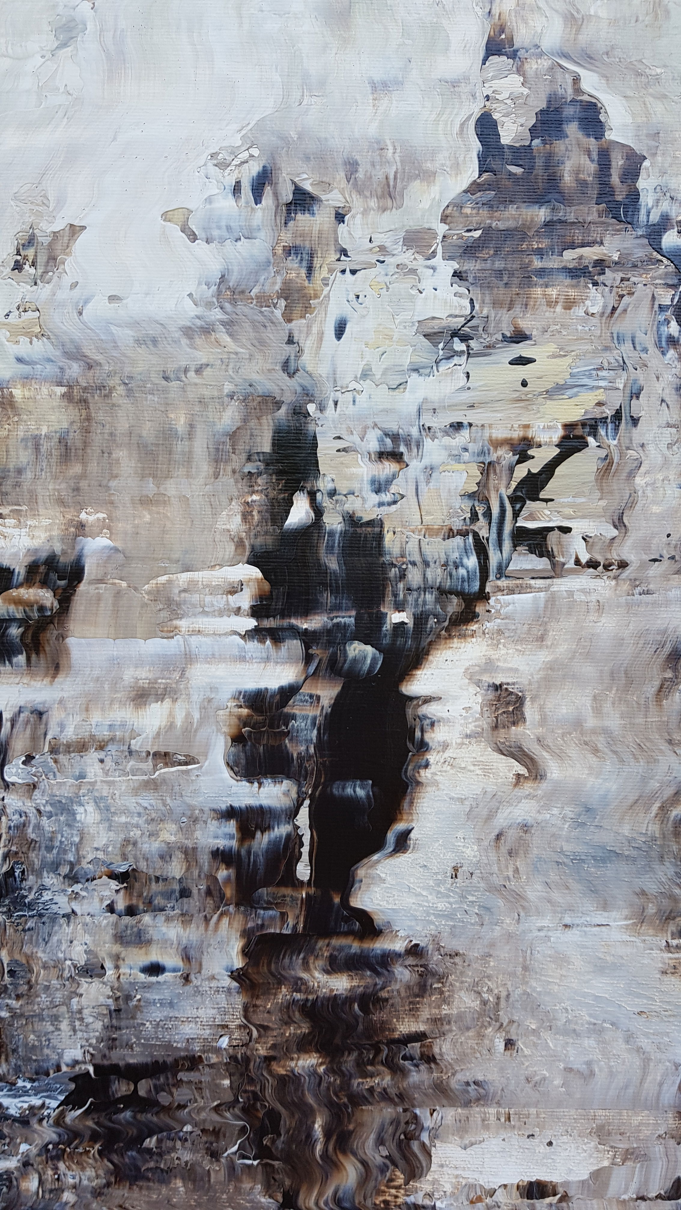 Abstract acrylic painting on canvas showcases a swirling dance of beige, ivory, and slate shades, evoking spectral translucence through its ethereal haze and tumultuous disarray. Artwork style - Abstrakt and technique Acryl auf Leinwand.