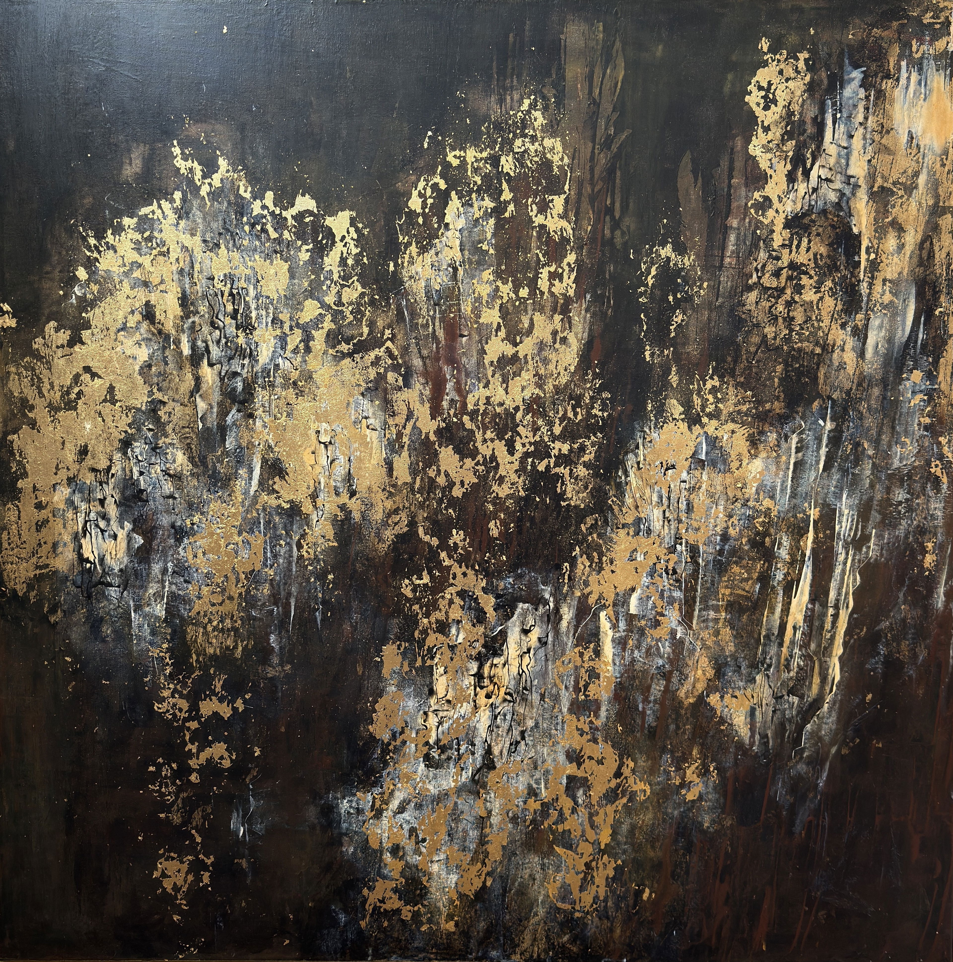 Abstract acrylic artwork on canvas, featuring a juxtaposition of dark, textured surfaces with luminous gold-leaf elements, creating an intricate dance of light and shadow. Artwork style - Abstrakt and technique Acryl auf Leinwand.