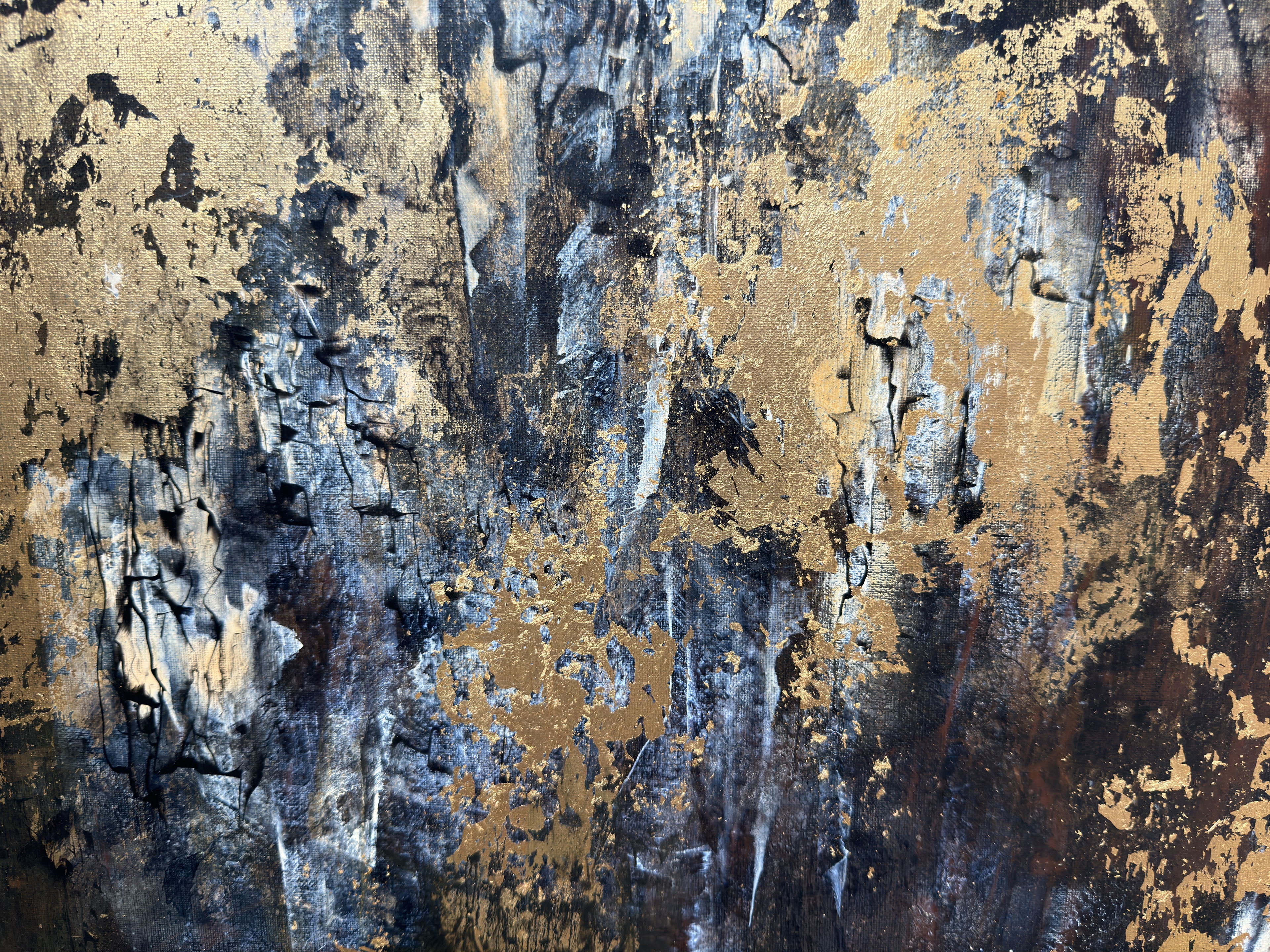 Acrylic abstract on canvas imbued with textured gold leaf, exuding darkness and luminosity; a dance of decay and splendor, shadows and brilliance, complexity and mystery. Artwork style - Abstrakt and technique Acryl auf Leinwand.