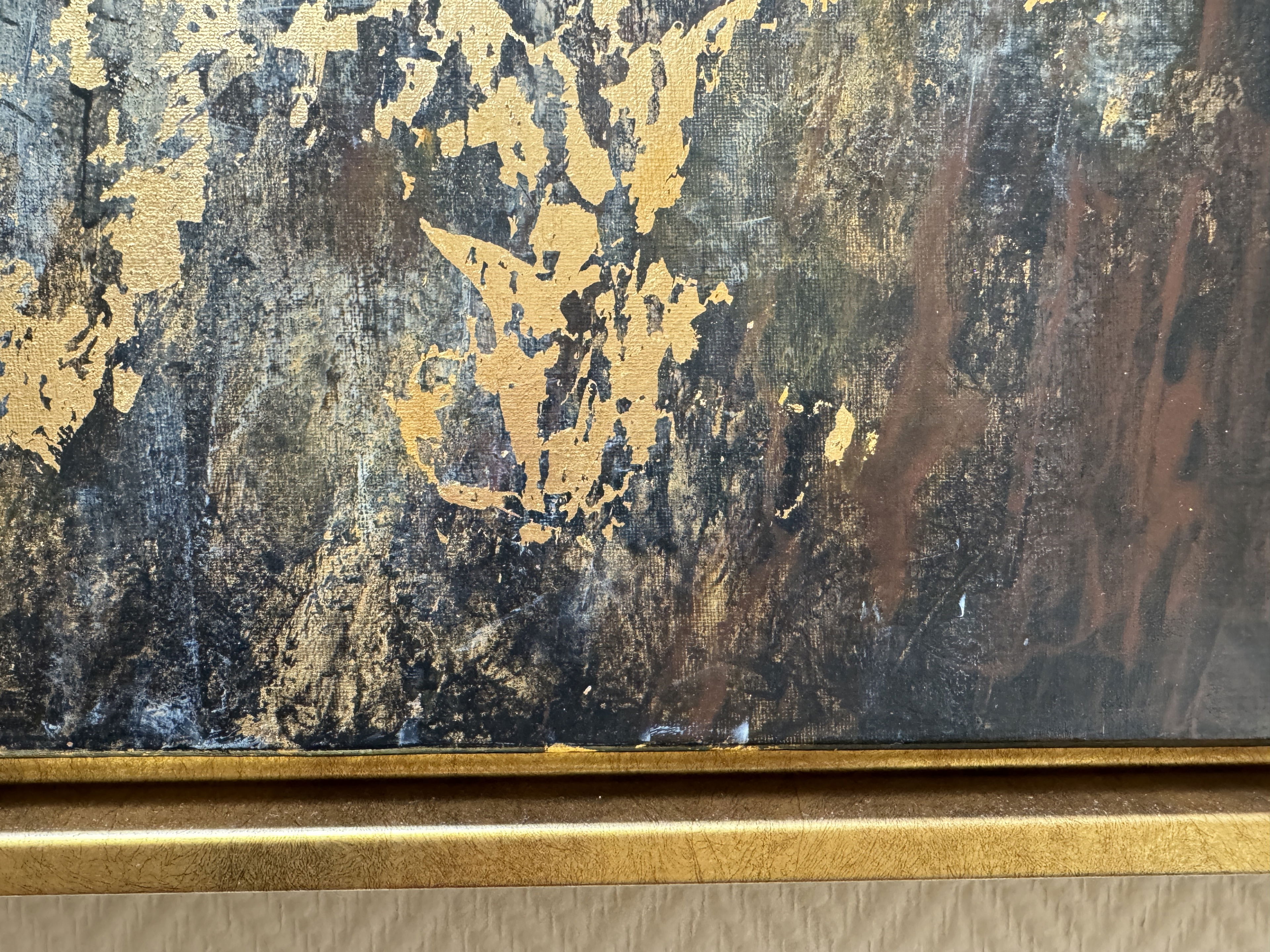 Abstract acrylic on canvas blending gold-leaf splendor and dark textural shadows, capturing the essence of decay and luminosity amidst chaos and brilliance. Artwork style - Abstrakt and technique Acryl auf Leinwand.