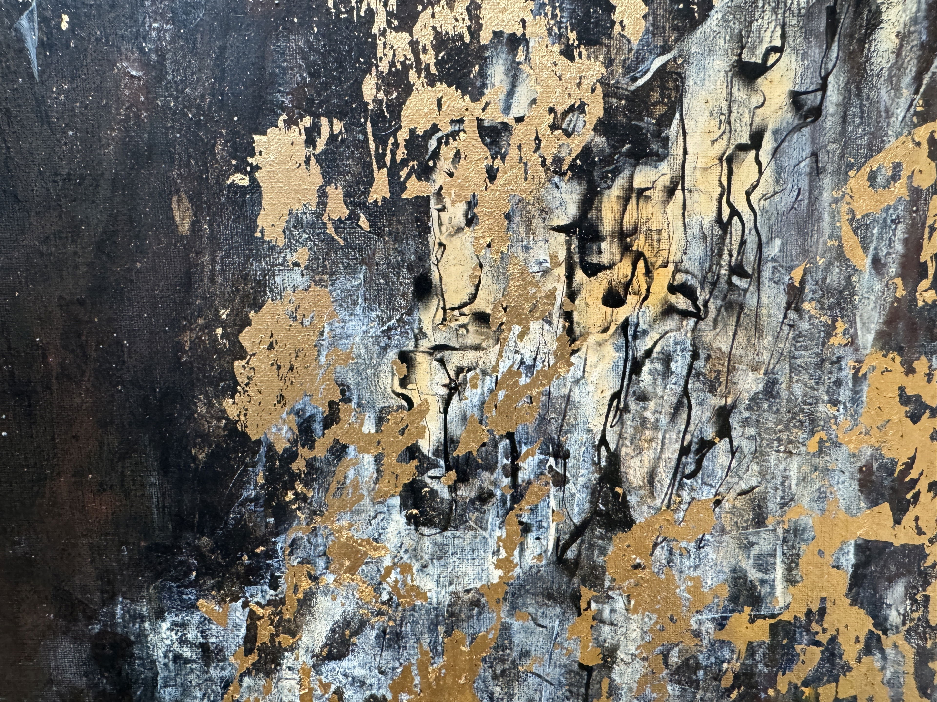 An enigmatic acrylic abstract on canvas, juxtaposing gold-leaf splendor and dark texture, evokes depth, decay, and luminosity, illustrating the chaos and brilliance of fragmentation. Artwork style - Abstrakt and technique Acryl auf Leinwand.