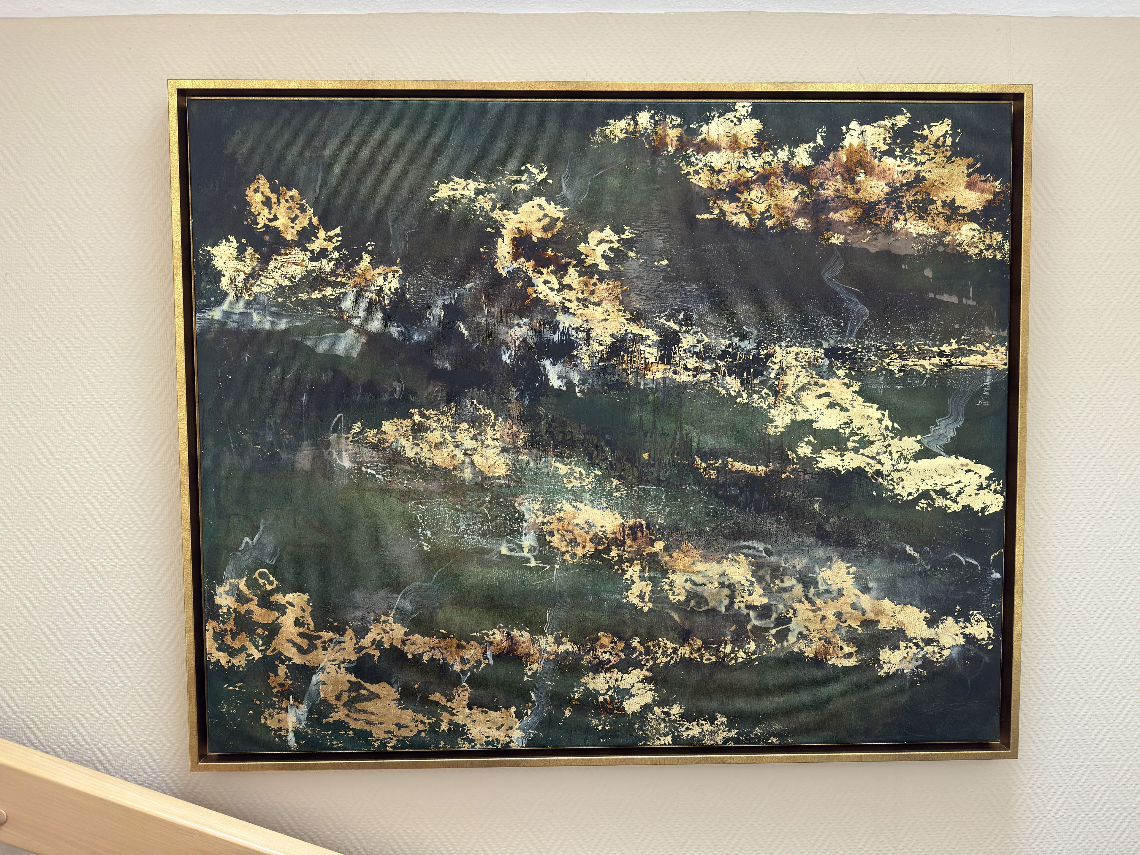 An abstract acrylic painting on canvas, featuring rich emerald and ochre tones with layered textures. The artwork evokes a serene, ethereal landscape teeming with organic whispers and fluid harmony. Artwork style - Abstrakt and technique Acryl auf Leinwand.