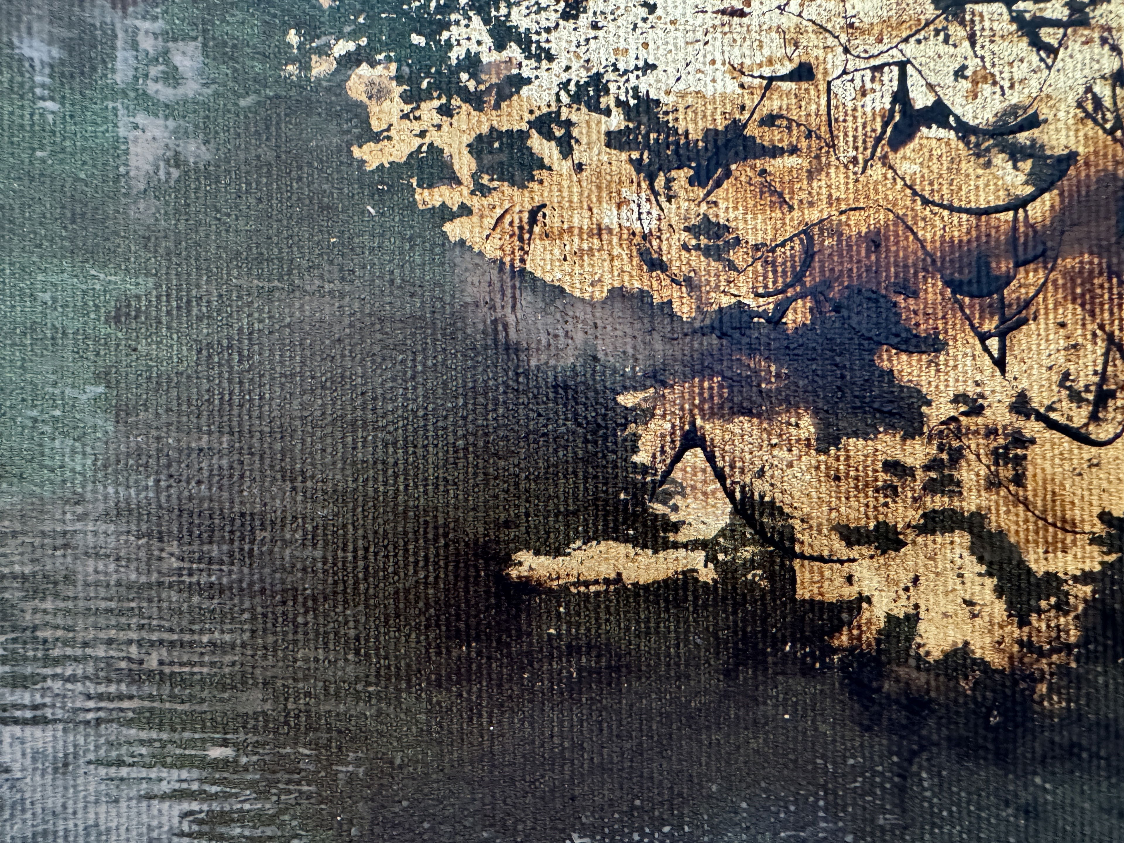 Abstract acrylic painting on canvas with rich textures; hues of emerald, ochre, and azure meld in fluid layers, evoking whispers of verdant foliage and ethereal metamorphosis. Artwork style - Abstrakt and technique Acryl auf Leinwand.