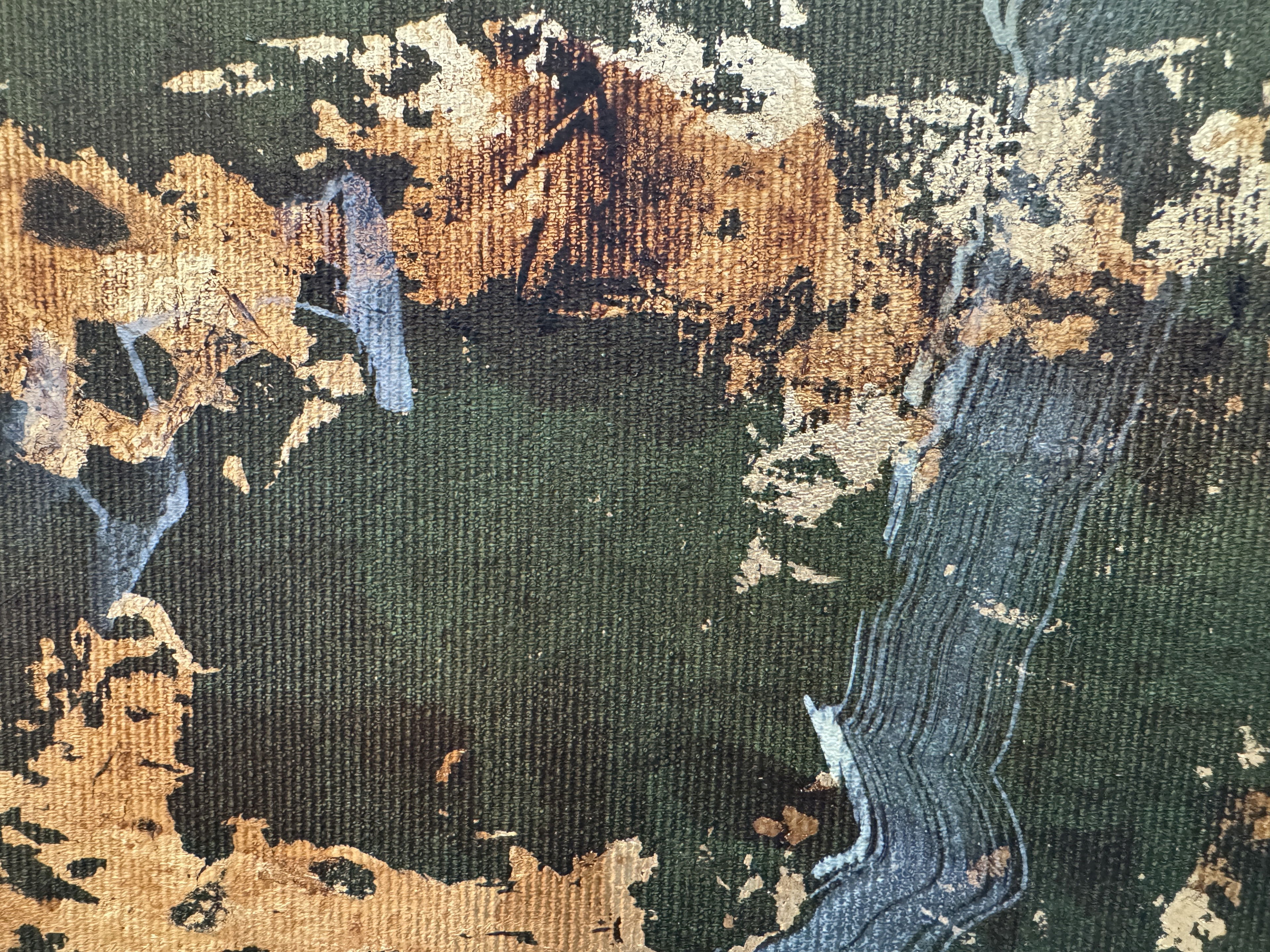 Abstract acrylic on canvas exuding organic fluidity with verdant foliage and ochre textures, an interplay of azure whispers and patina, evoking ethereal tranquility. Artwork style - Abstrakt and technique Acryl auf Leinwand.