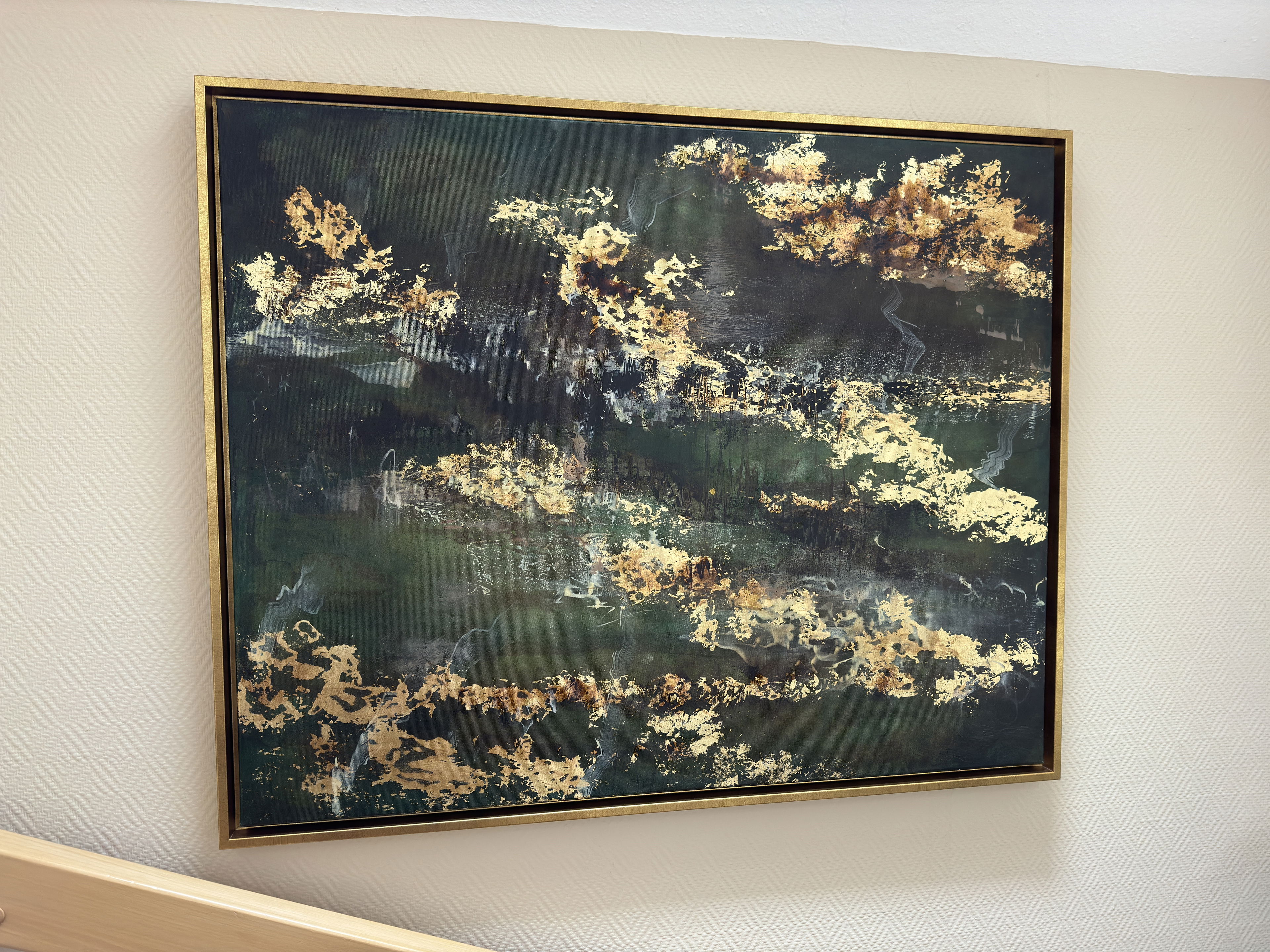 Acrylic on canvas abstract artwork featuring a fluid interplay of emerald and ochre hues, evoking the ethereal whispers of organic foliage and the tranquil shimmer of azure mist. Artwork style - Abstrakt and technique Acryl auf Leinwand.