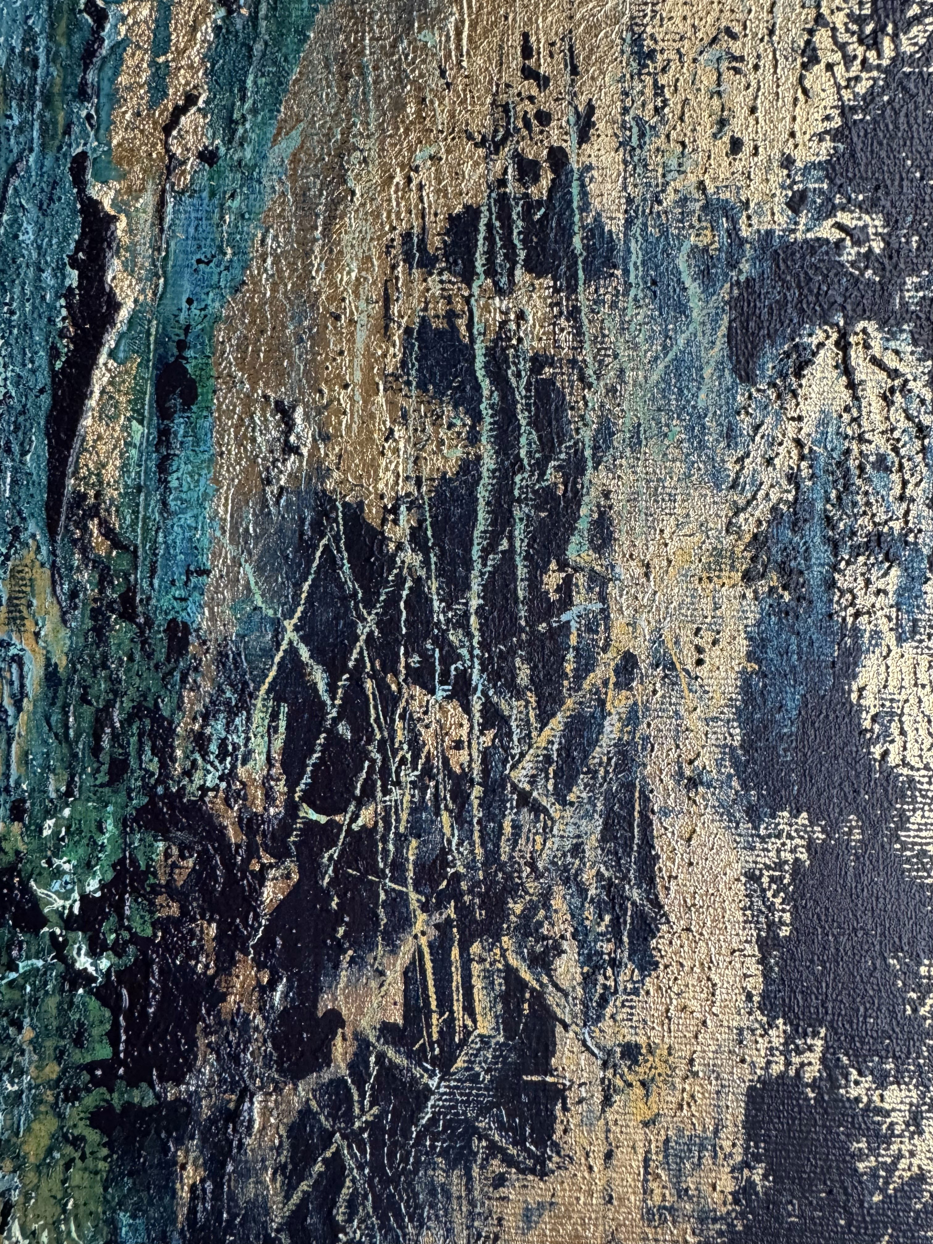 A mesmerizing abstract acrylic on canvas, showcasing turquoise and gold layers, evoking depth and mystery with textured brushstrokes and contrasting shadows. Artwork style is Abstrakt and technique Acryl auf Leinwand.