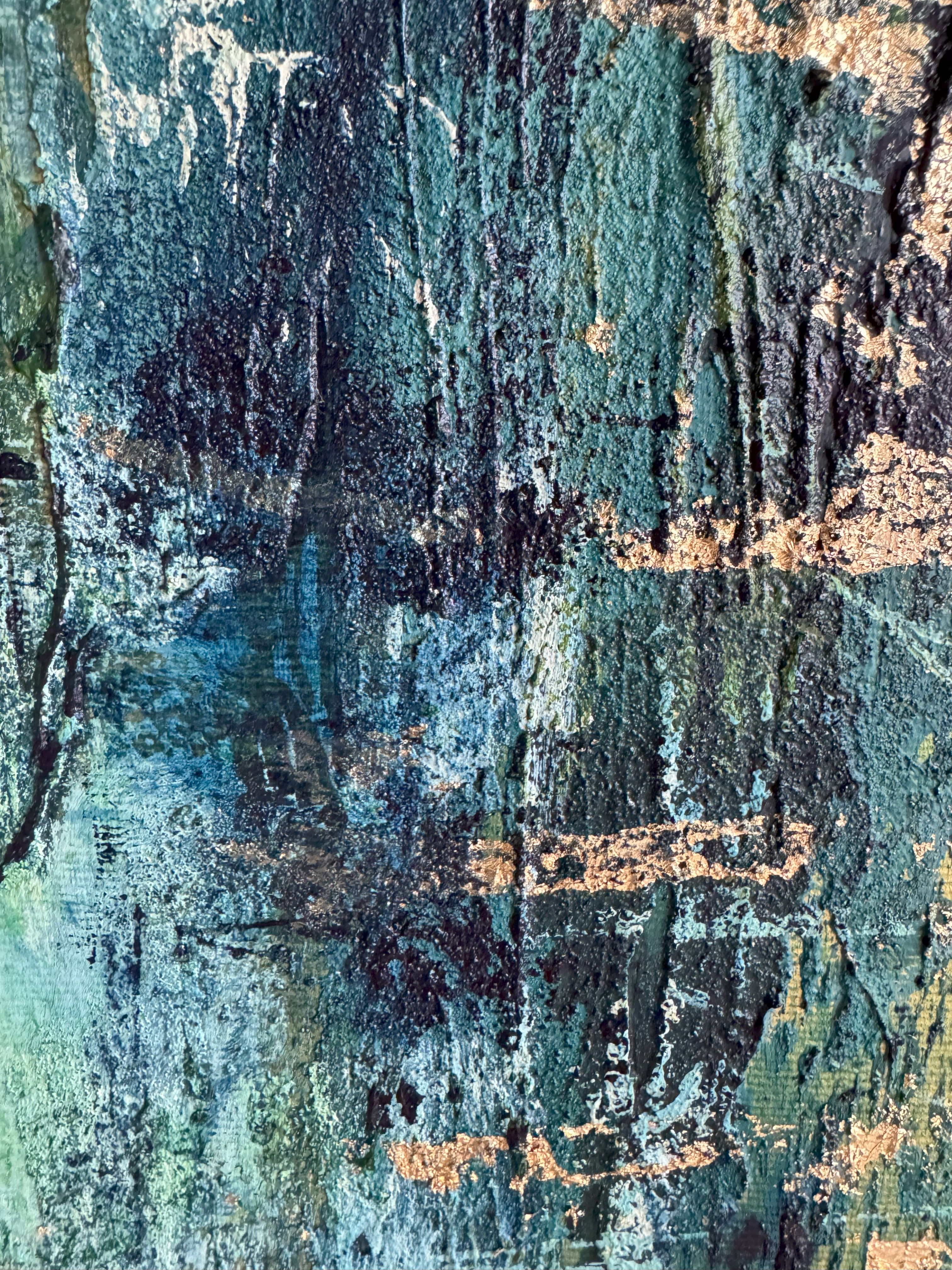 Acrylic on canvas abstract art rich in turquoise and gold, featuring textured layers, deep brushstrokes, and shimmering patina, evoking enigmatic, organic beauty. Artwork style is Abstrakt and technique Acryl auf Leinwand.