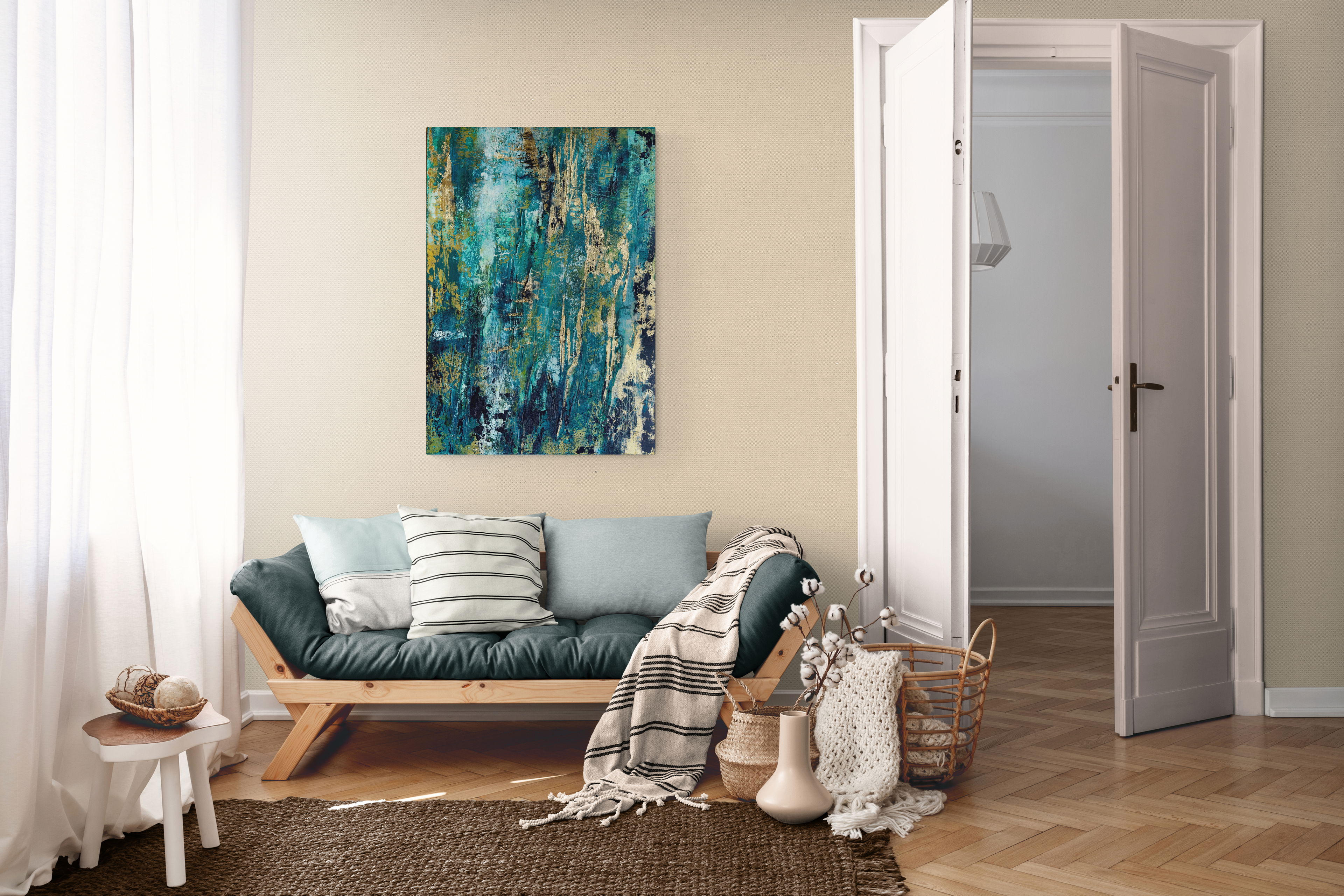 Abstract acrylic painting on canvas, featuring vibrant turquoise and gold layers, displaying mysterious depth with organic textures that evoke the essence of patina and erosion. Artwork style is Abstrakt and technique Acryl auf Leinwand.