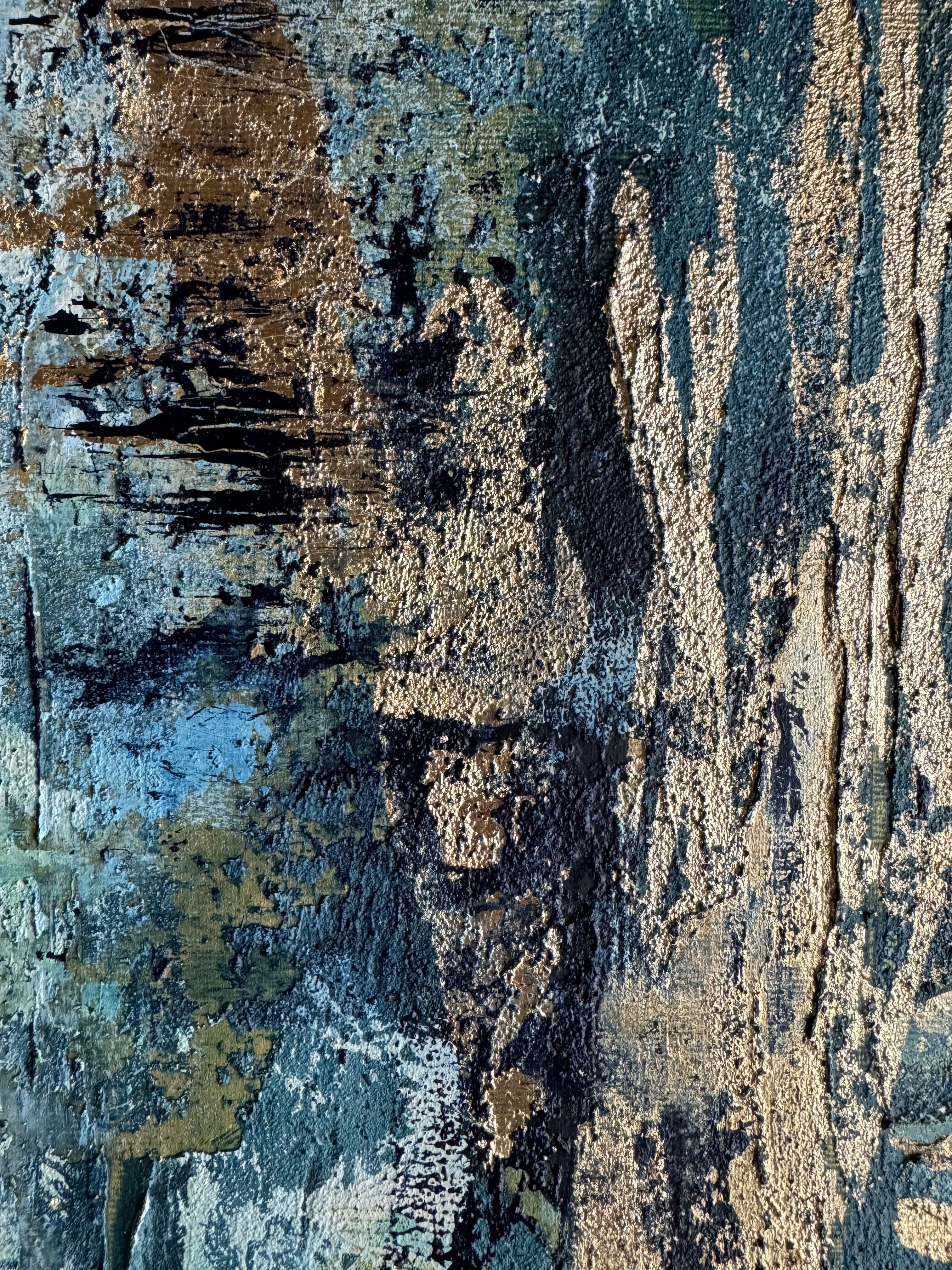An abstract acrylic painting on canvas, featuring a textured tapestry of turquoise, gold, and teal hues that evoke the mysterious depth and organic erosion. Artwork style is Abstrakt and technique Acryl auf Leinwand.
