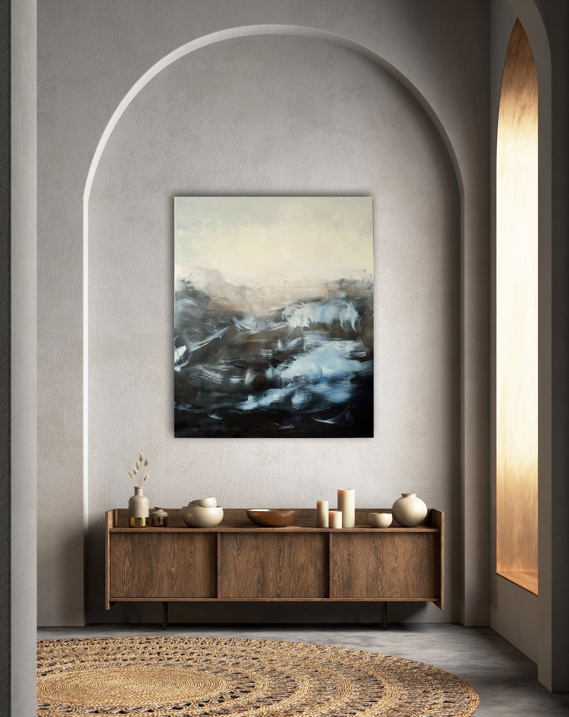 Abstract acrylic painting on canvas depicting ethereal swirls, dreamlike fluidity, and tranquil monochrome textures in motion. Abstrakt style, Acryl auf Leinwand.