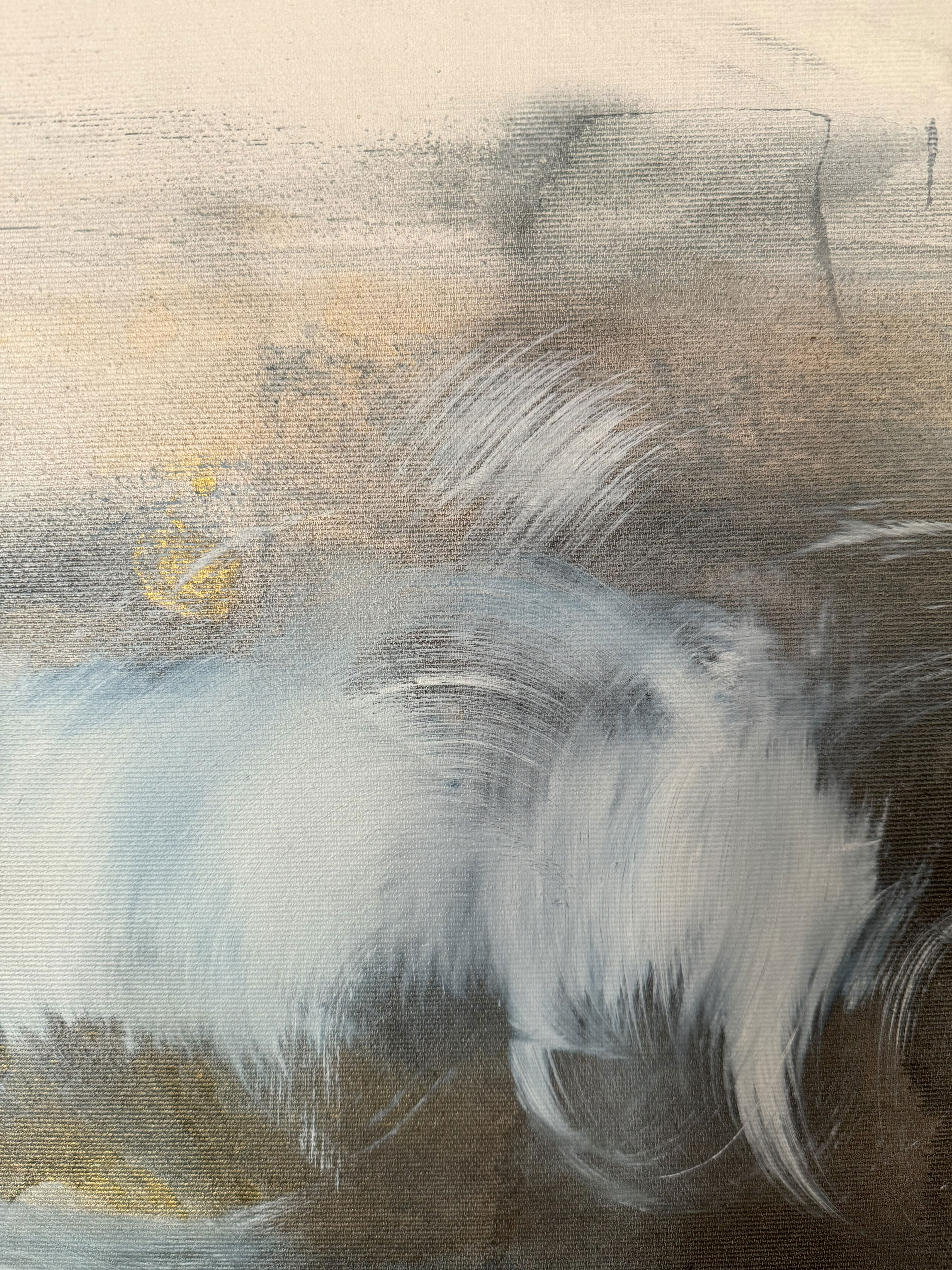 Abstract acrylic painting on canvas, featuring ethereal swirls of gray and brown with ghostly waves and fluid textures, evoking a serene dreamscape of twilight mist. Artwork style is Abstrakt and technique Acryl auf Leinwand.