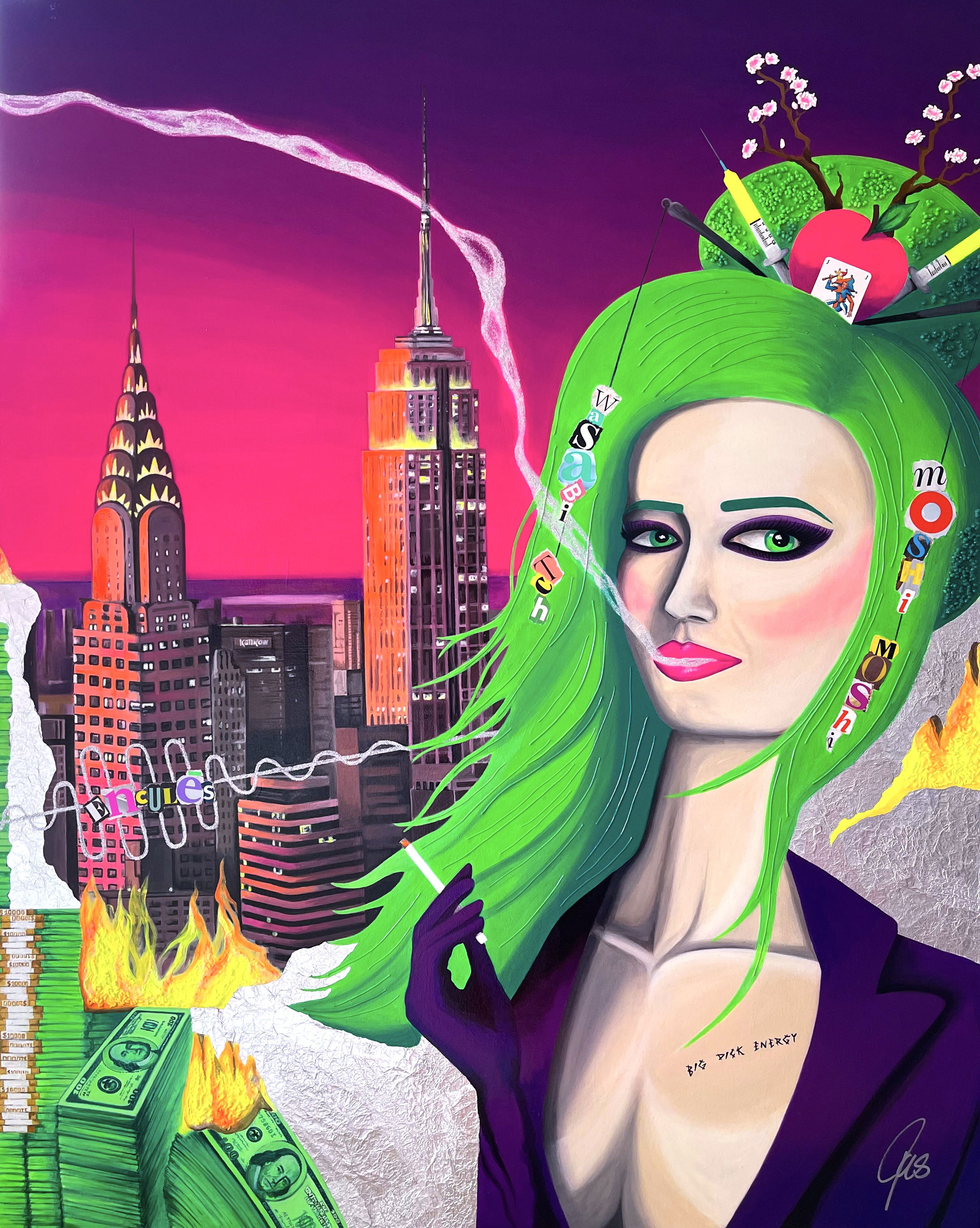 A vibrant pop art piece featuring a green-haired woman in a purple suit with burning dollar bills against a neon-colored urban skyline, embodying futuristic symbolism. Artwork style is Figurativ, Pop Art, Symbolik and technique Mixed Media auf Leinwand.