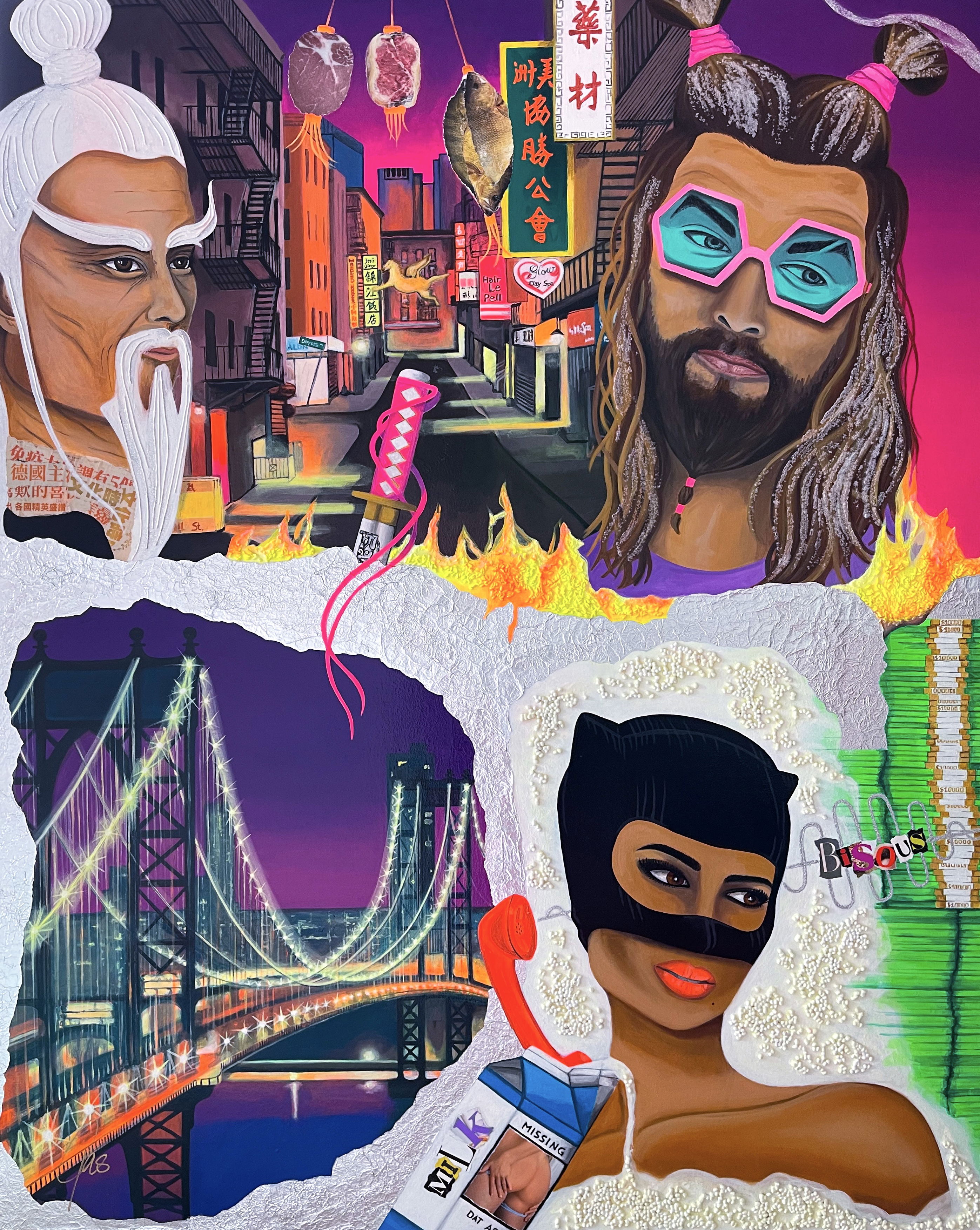 A vibrant, surreal fusion of pop art and symbolism featuring a neon-lit urban nightscape with samurai, avatars, and enigmatic portraits in mixed media on canvas. Artwork style is Figurativ, Pop Art, Symbolik and technique Mixed Media auf Leinwand.