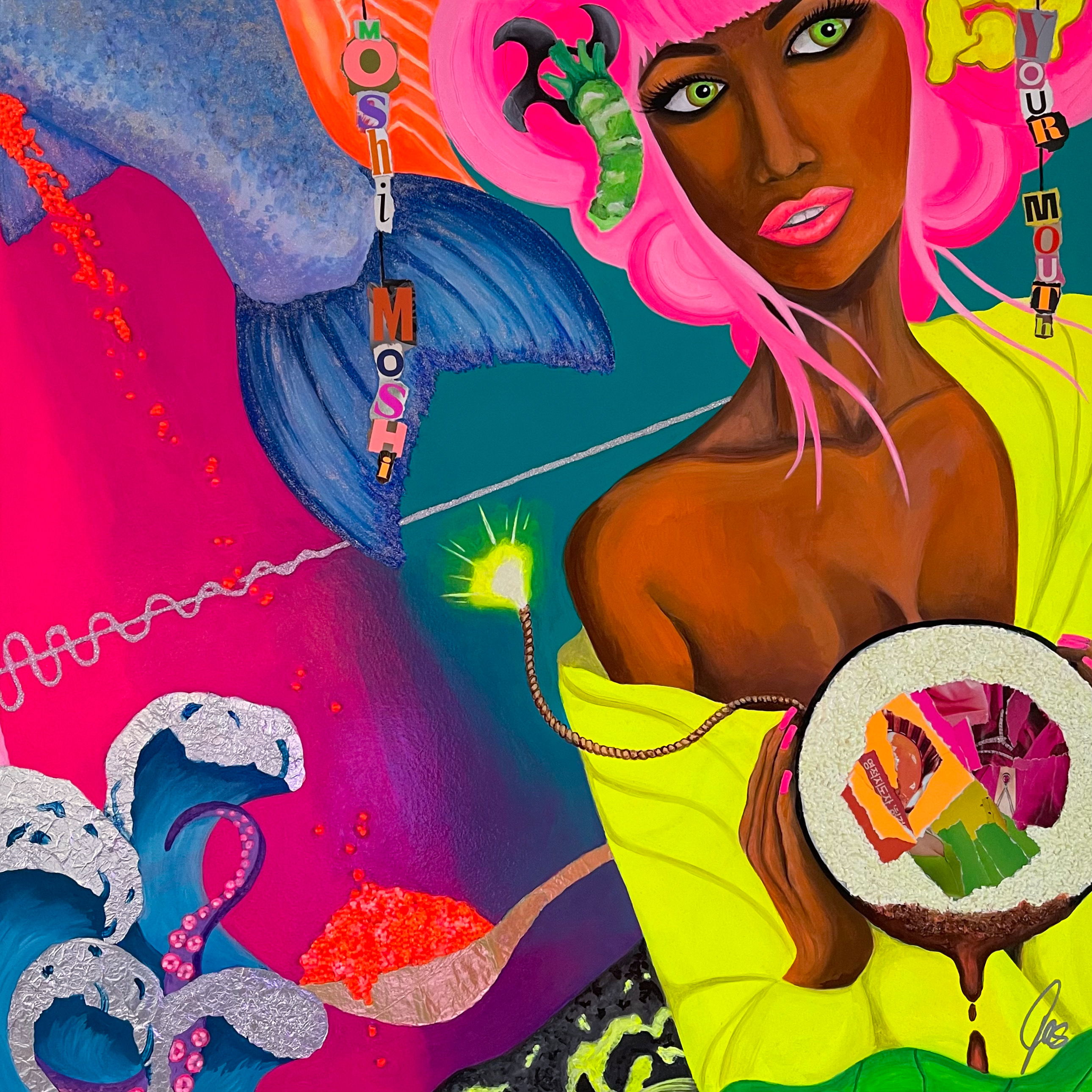 Vibrant pop art with symbolic elements: a figure with hot pink hair and chocolate brown skin holds a neon green-filled coconut amidst surreal patterns and electric colors. Artwork style is Figurativ, Pop Art, Symbolik  and technique Mixed Media auf Leinwand.