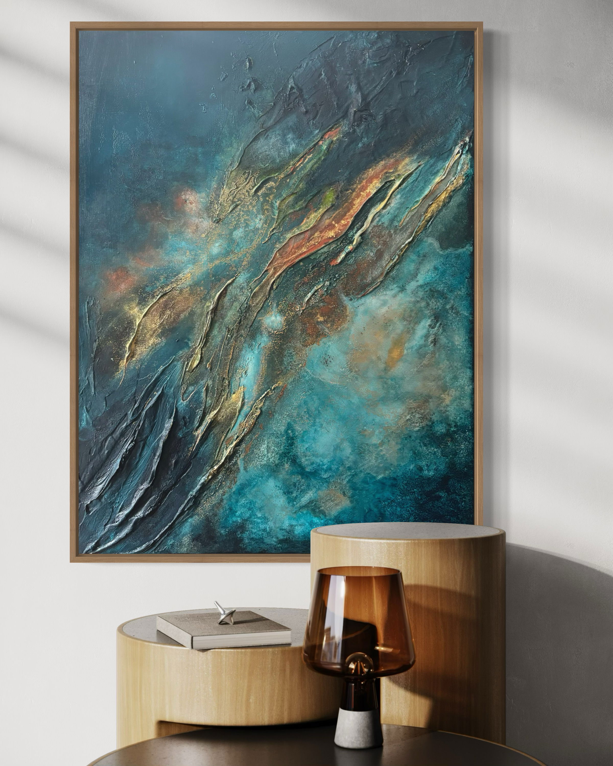 Abstract acrylic painting with azure and teal textures, evoking motion, depth, and fluidity; layers of earth and light. Abstrakt style, Acryl auf Leinwand, Struktur.