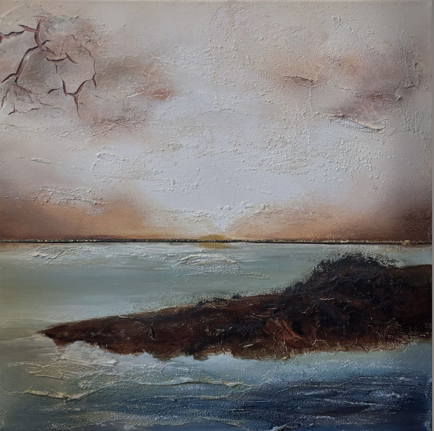 Abstract acrylic on canvas blends dreamscape hues with textured whispers, evoking tranquil dusk reflections and atmospheric movement. Abstrakt  style, Acryl auf Leinwand , Struktur.