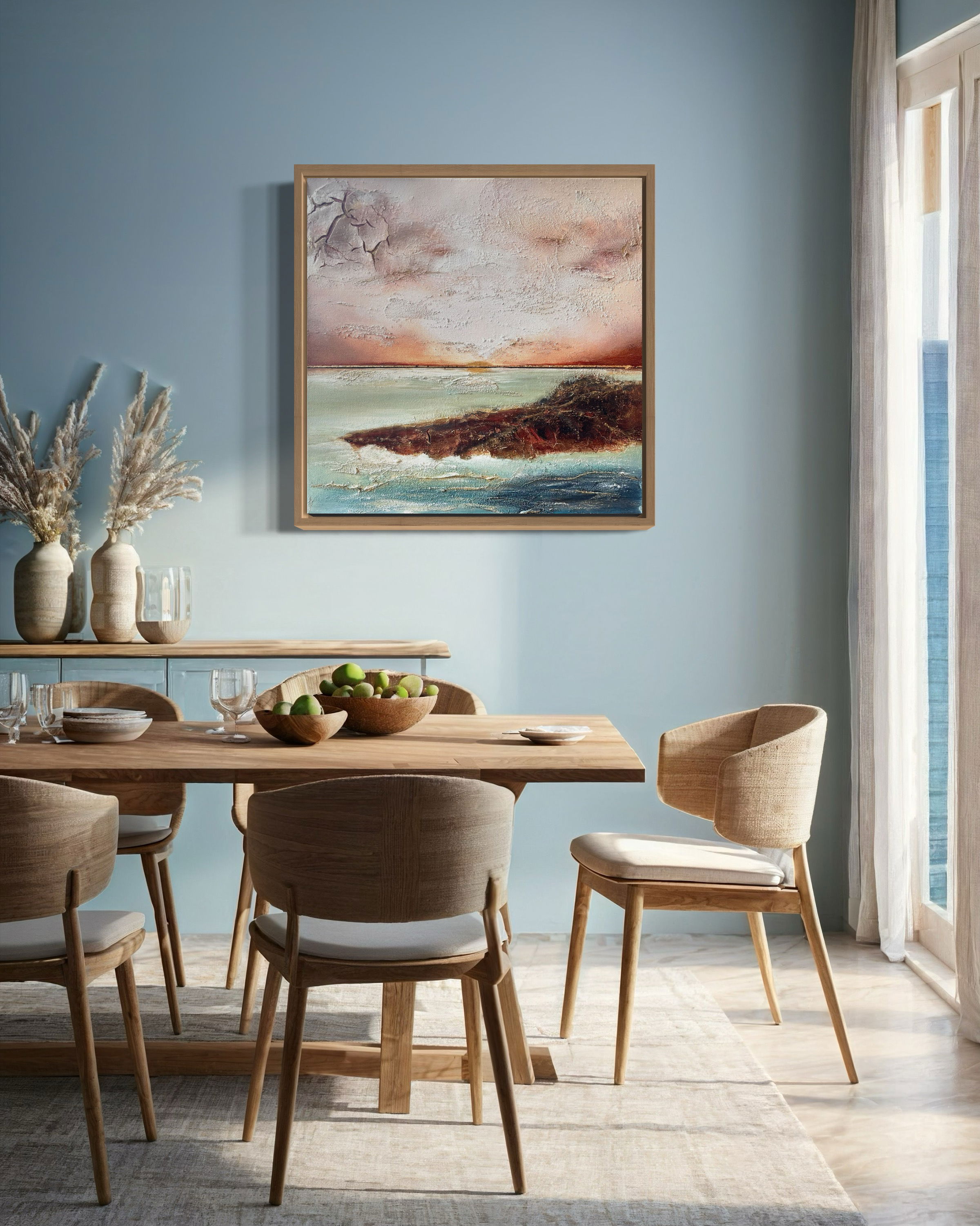 Acrylic abstract painting on canvas; textured ethereal dreamscape, melding pastel sky with interwoven horizon and serene waves. Abstrakt  style, Acryl auf Leinwand , Struktur.