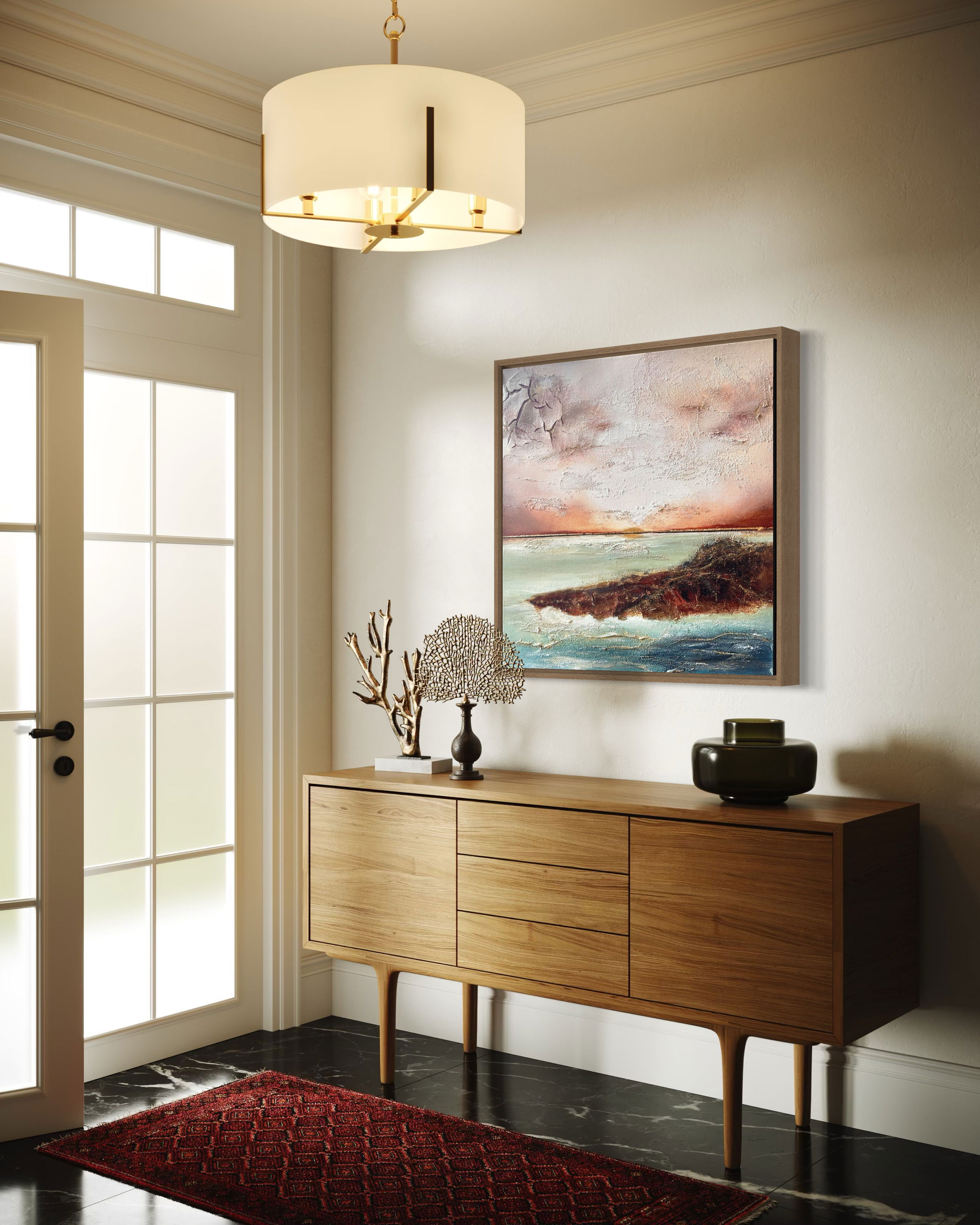 Abstract acrylic painting of a textured dreamscape, blending pastel sky with waves and land; ethereal reflection capturing tranquility. Abstrakt  style, Acryl auf Leinwand , Struktur.