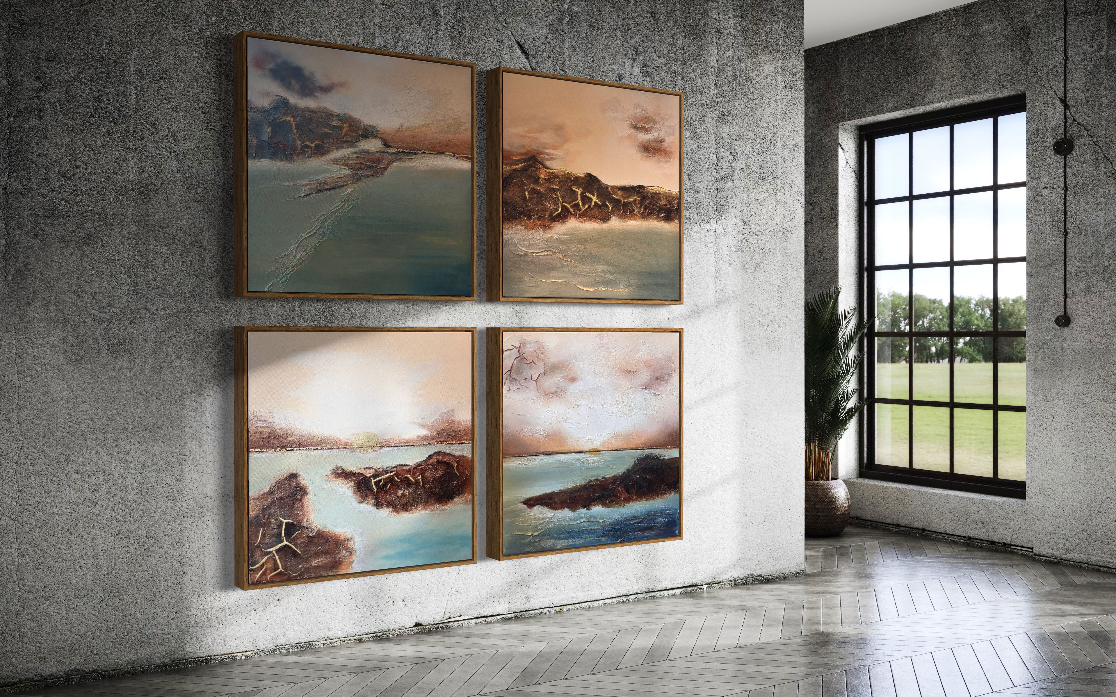 Acrylic on canvas abstract artwork with earth tones and rugged texture evoking tranquil landscapes and organic unity. Abstrakt  style, Acryl auf Leinwand, Struktur .