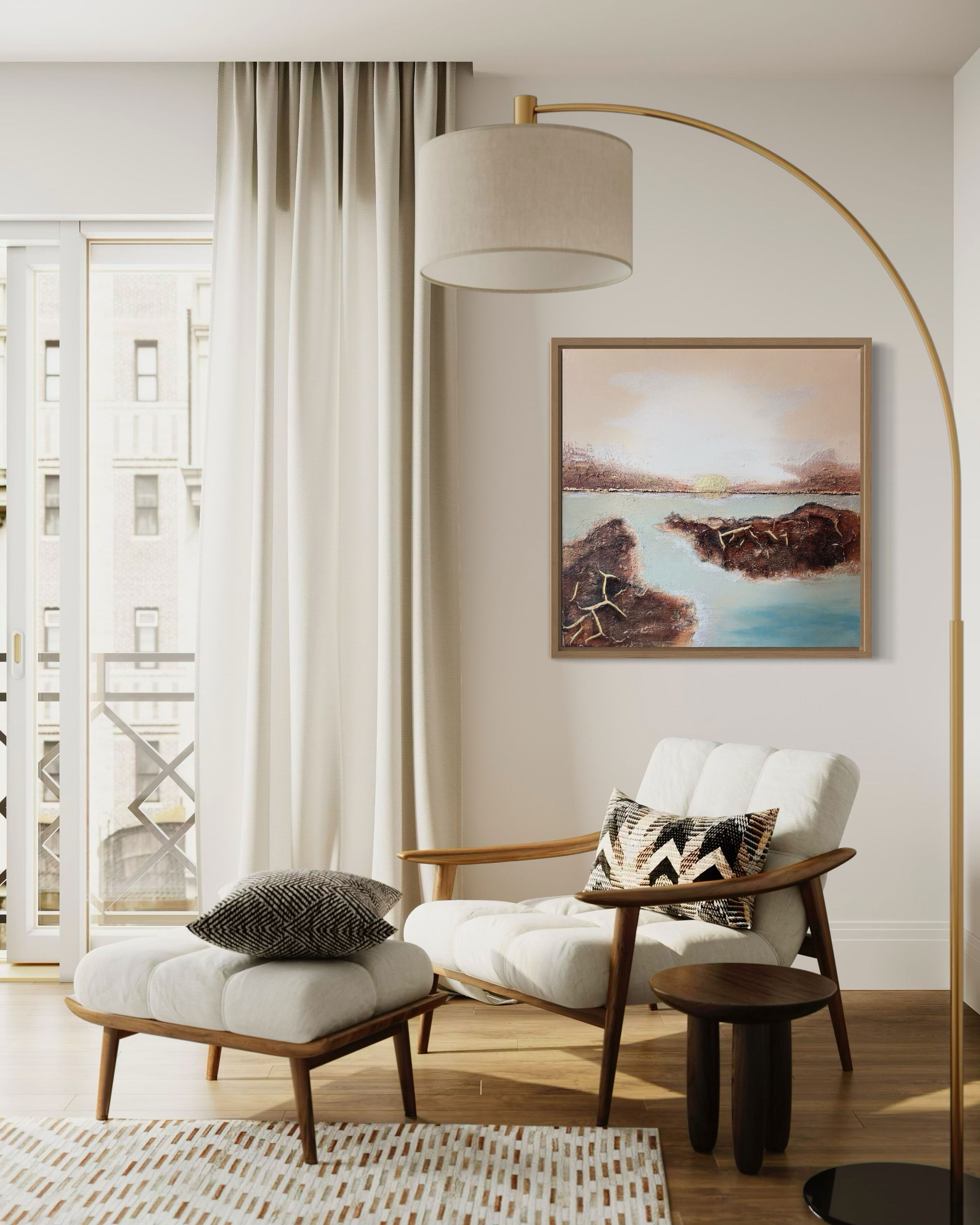 Abstract acrylic artwork with rich earth tones, texture, resembling a serene landscape horizon in nature's unity and balance. Abstrakt  style, Acryl auf Leinwand, Struktur .