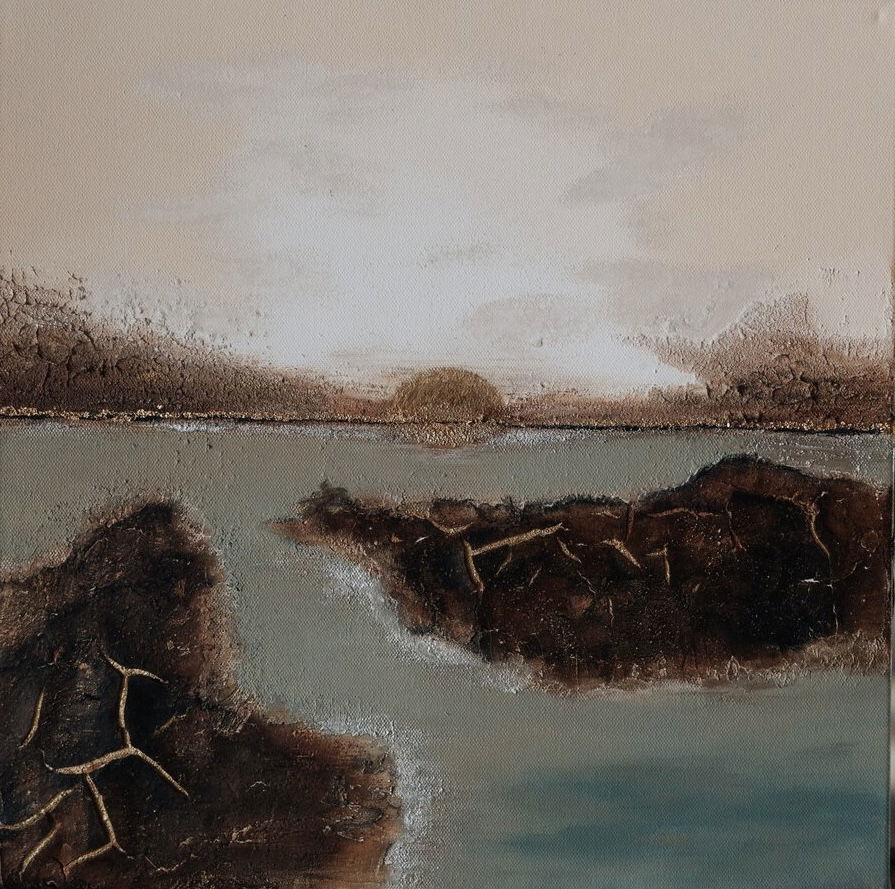 Abstract acrylic art on canvas, earth tones evoke a rugged landscape, conveying organic serenity and textured balance. Abstrakt  style, Acryl auf Leinwand, Struktur .