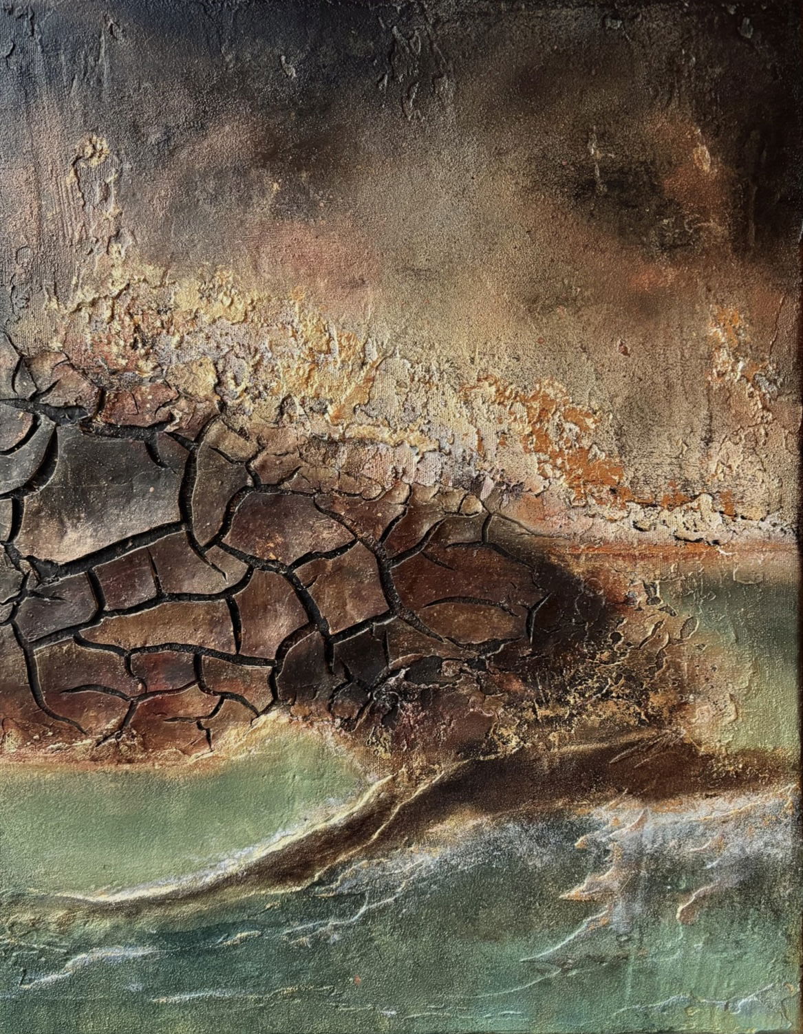 Abstract acrylic artwork on canvas with earthy tones and texture, depicting waves, cracks, and geological erosion in layered composition. Abstrakt  style, Acryl auf Leinwand , Struktur.