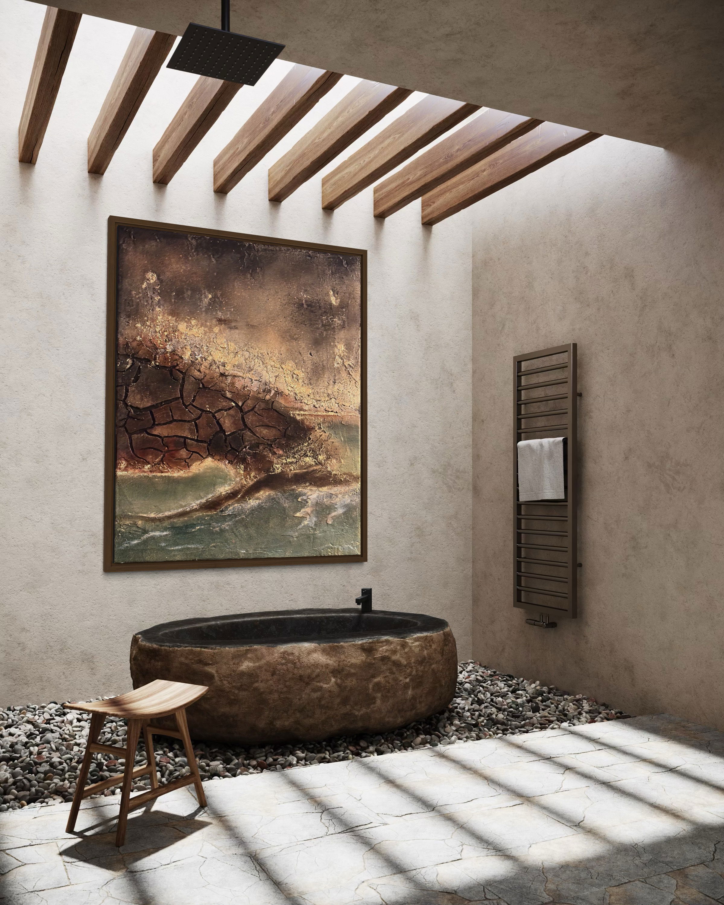 Abstract acrylic artwork on canvas showcasing cracks, earthy layers, and organic textures in brown, green with geological depth. Abstrakt  style, Acryl auf Leinwand , Struktur.