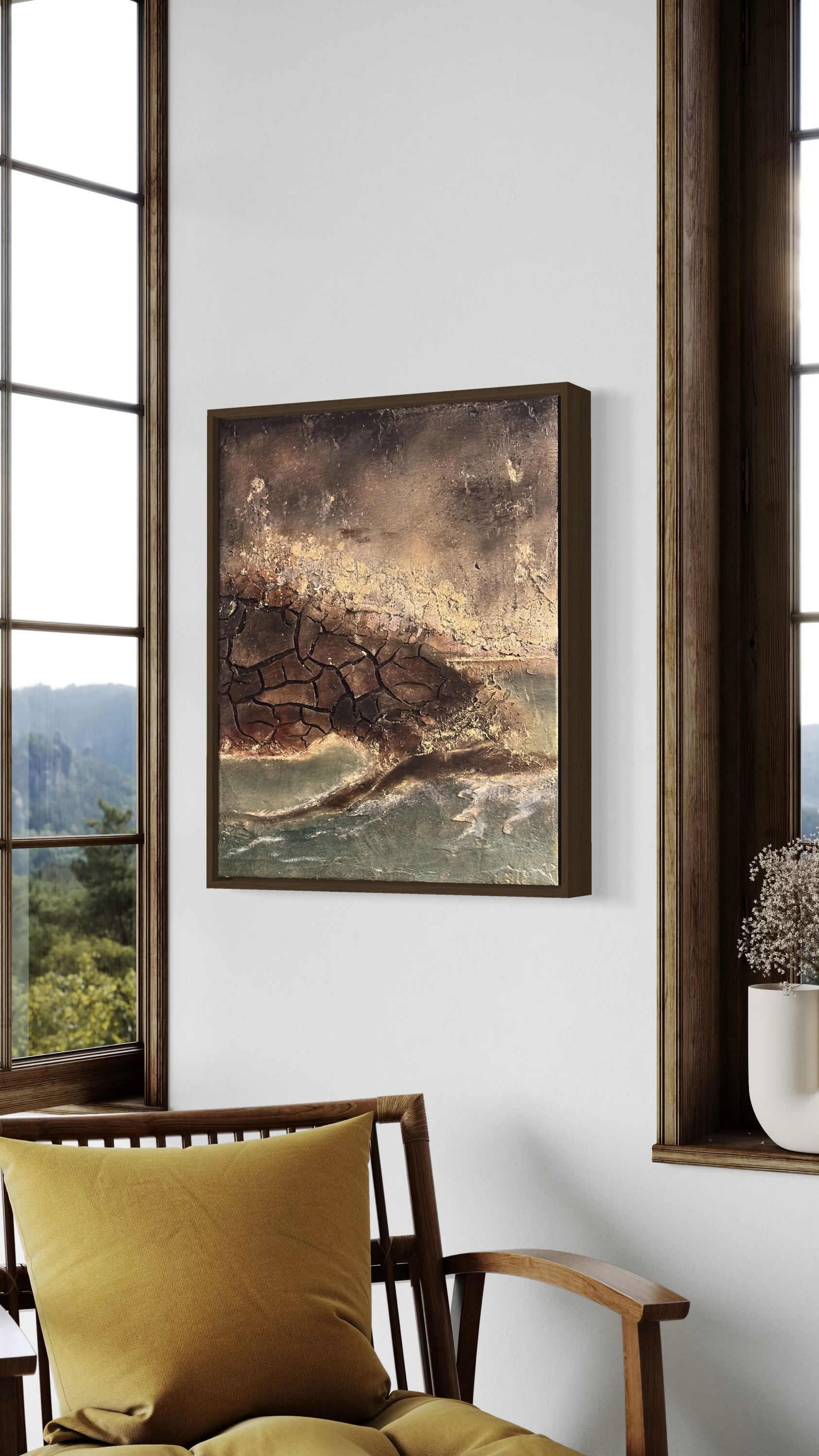 Abstract acrylic artwork; textured, earthy tones, cracks, layers, depth and tension on canvas. Geological and organic structure. Abstrakt  style, Acryl auf Leinwand , Struktur.