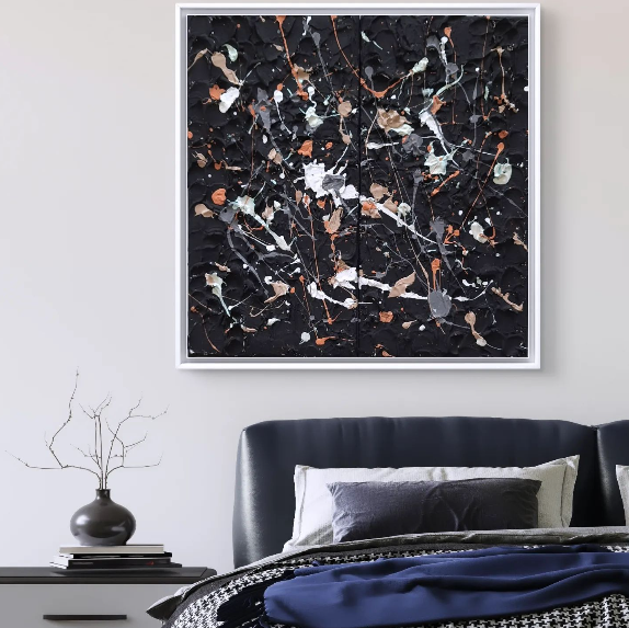 Abstract acrylic artwork on canvas featuring splattered layers of black, white, beige, and gray; expressive modern texture with depth. Abstrakt style, Acryl und Strukturpaste .
