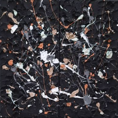 Abstract acrylic artwork with black textured canvas, dynamic splatters in white, beige, and cream, evoking chaos and depth. Abstrakt style, Acryl und Strukturpaste .