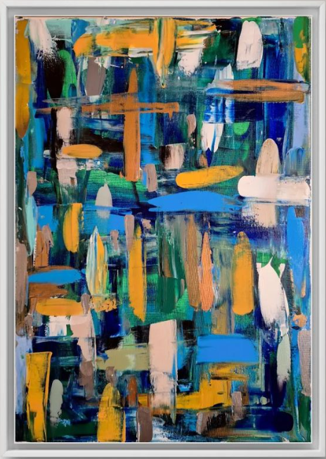 Abstract acrylic painting with vibrant, chaotic brushstrokes in blue, green, yellow, and white, creating a dynamic and textured composition. Abstrakt style, Acryl.