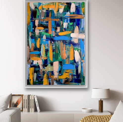 Colorful, chaotic abstract acrylic painting with vibrant blue, green, and yellow brushstrokes, textured layers, and dynamic composition Abstrakt style, Acryl.
