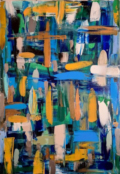 Dynamic abstract acrylic painting with vibrant blue, green, yellow brushstrokes, embodying chaotic spontaneity and expressive movement. Abstrakt style, Acryl.