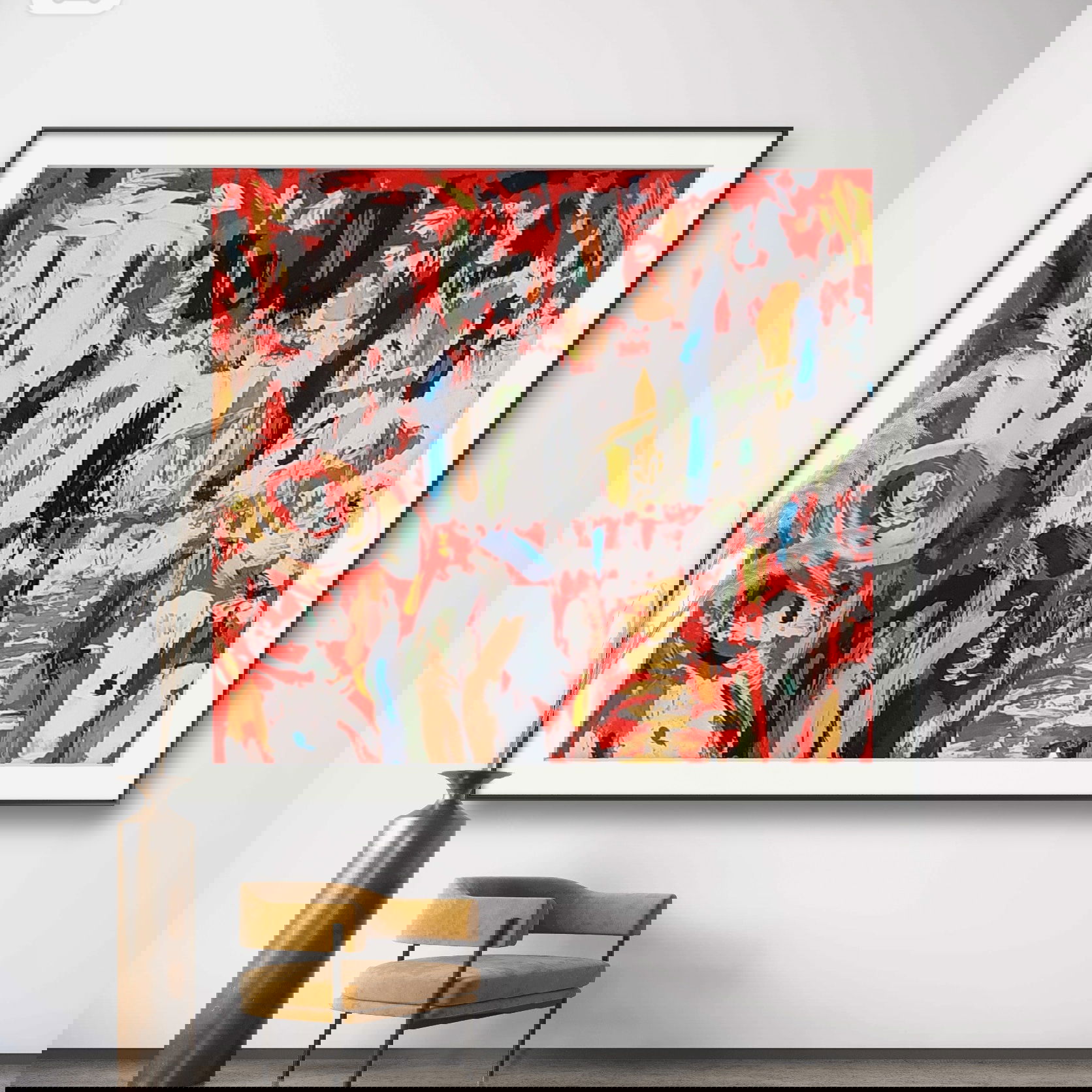 Abstract acrylic with structure paste, featuring red, white, blue, and black swirls, dynamic gestures, and bold expressions. Abstrakt style, Acryl und Strukturpaste.