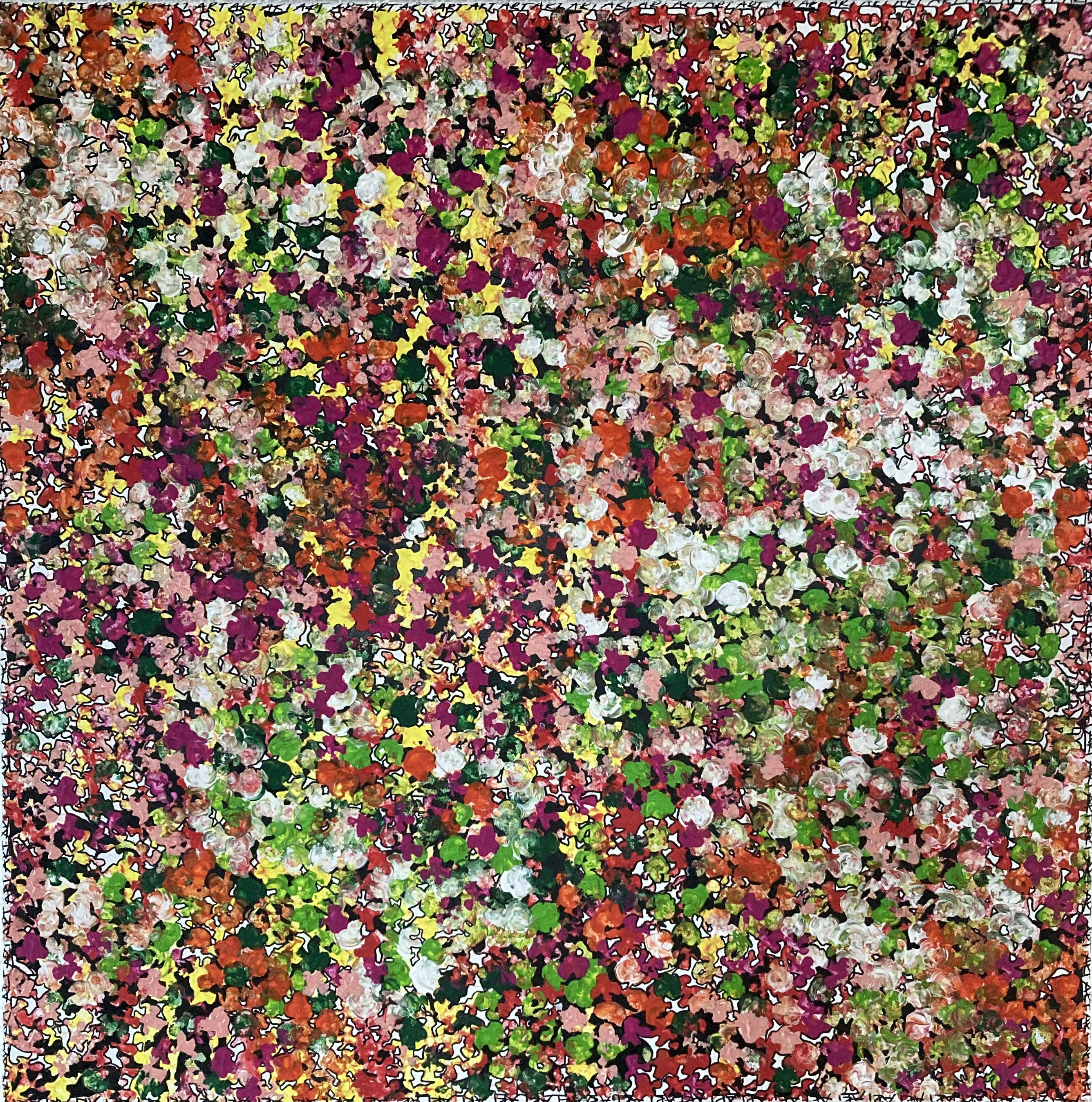 This abstract acrylic painting on canvas exudes a lively symphony of floral patterns, capturing the essence of spring's vibrant blooms in a kaleidoscopic tapestry. Artwork style is Abstrakt and technique Acryl auf Leinwand.