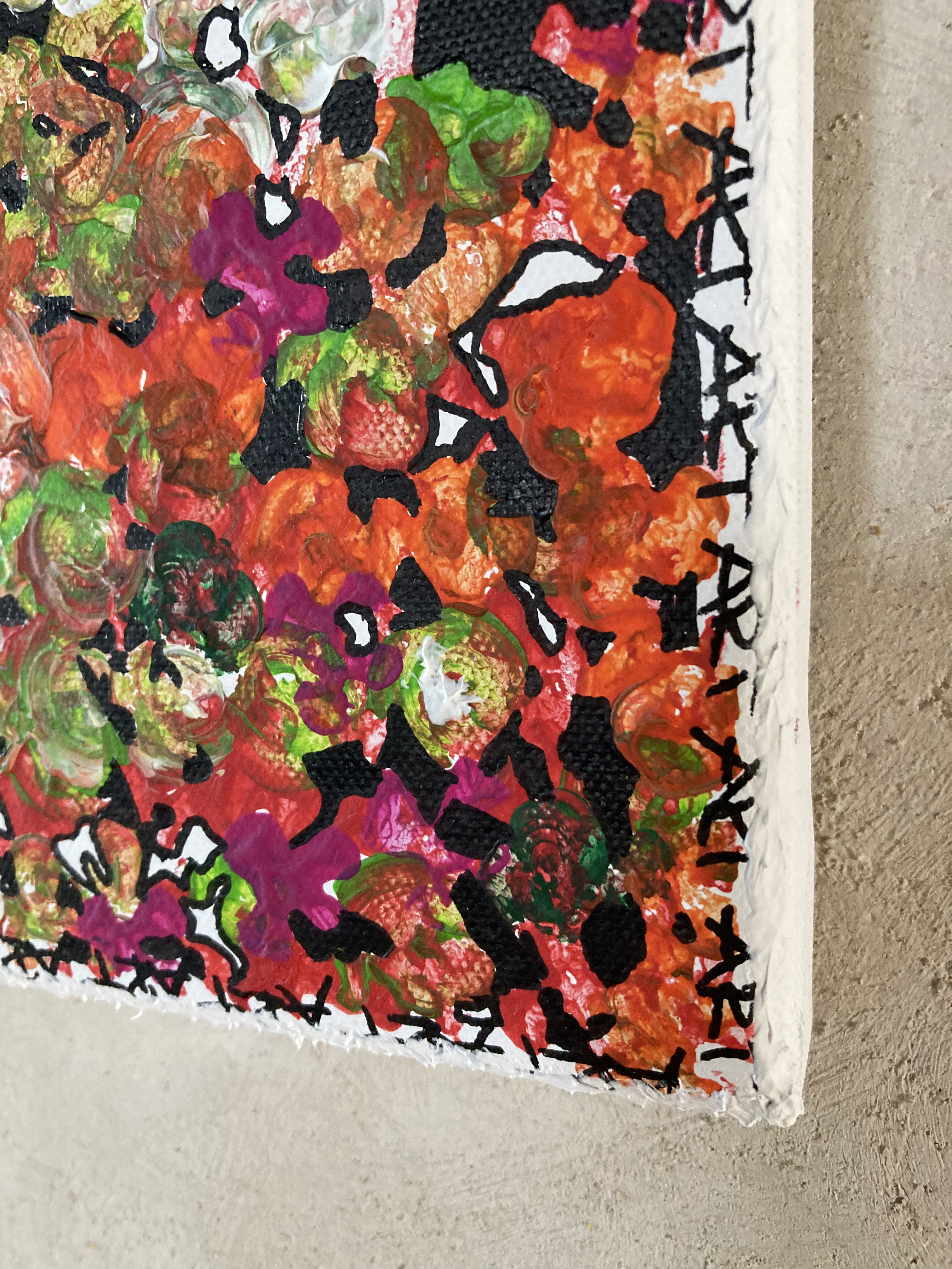 Abstract acrylic on canvas; an exuberant symphony of vivid colors resembling floral confetti, weaving a tapestry of kaleidoscopic blooms in a festival of spring. Artwork style is Abstrakt and technique Acryl auf Leinwand.