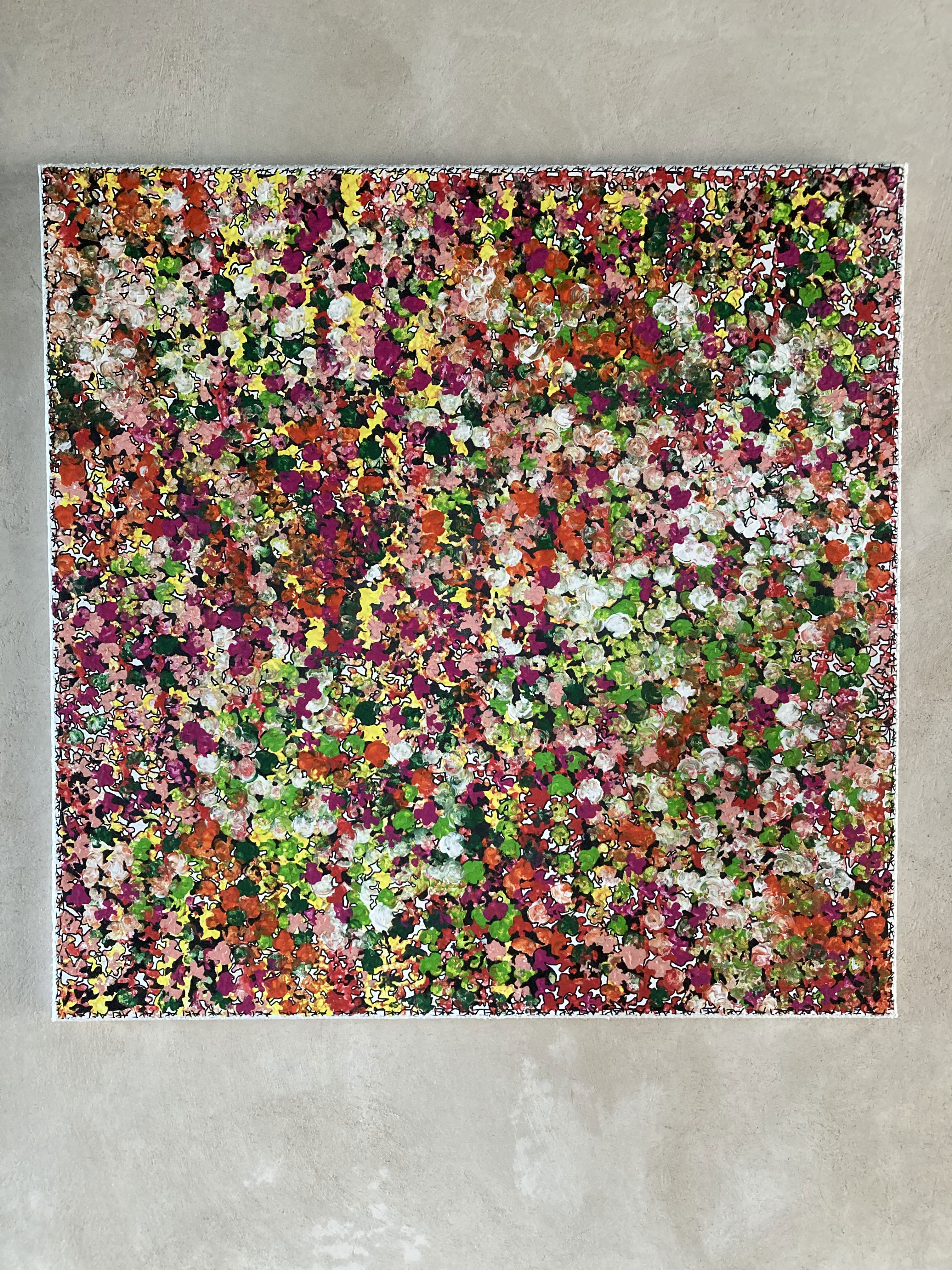 Acrylic abstract artwork on canvas showcasing a vibrant mosaic of floral patterns, reminiscent of a kaleidoscopic spring tapestry in effervescent harmony. Artwork style is Abstrakt and technique Acryl auf Leinwand.