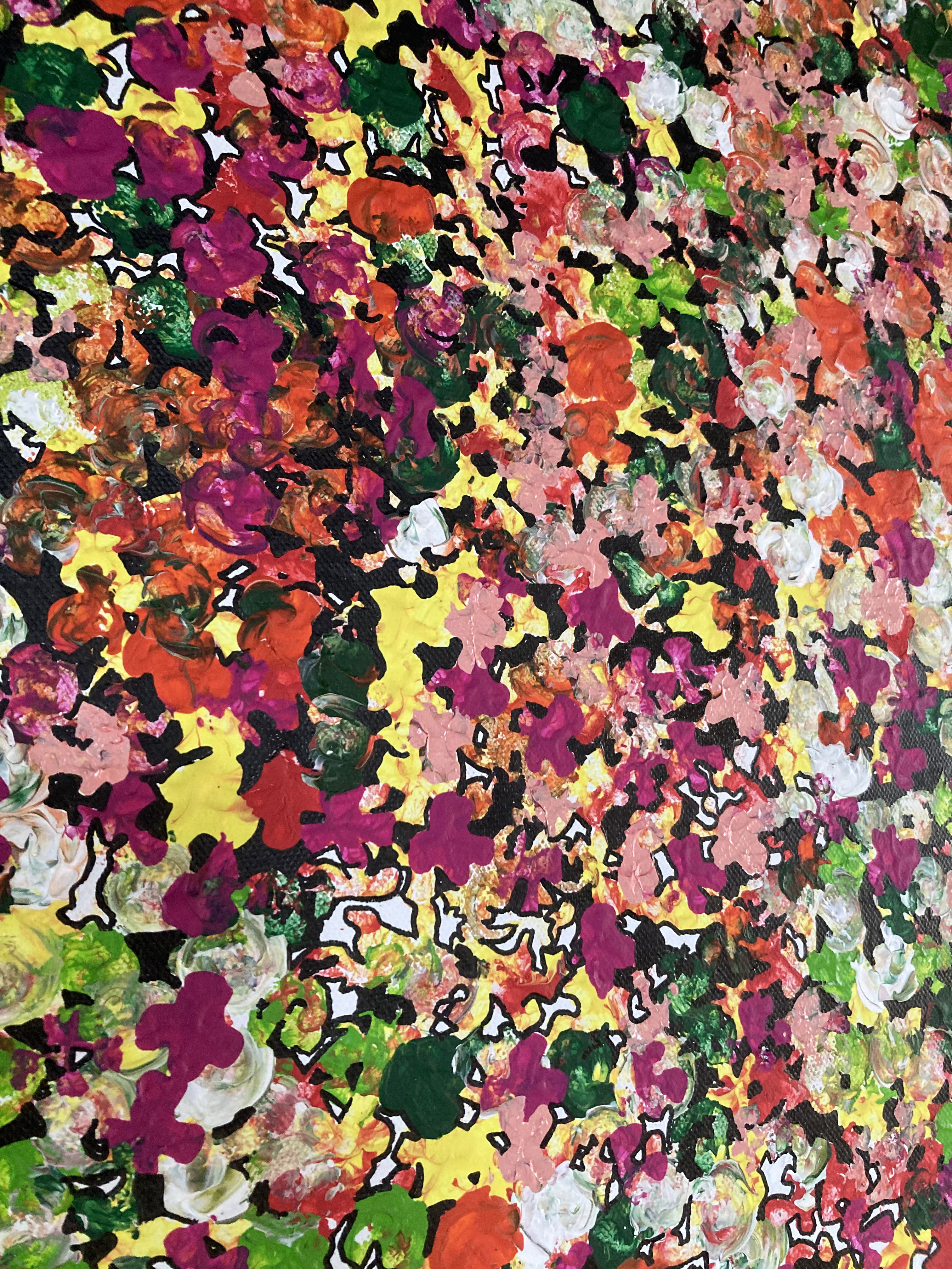 A vibrant abstract acrylic on canvas, depicting a floral explosion of colors in a kaleidoscopic tapestry, radiating springtime energy and effervescent harmony. Artwork style is Abstrakt and technique Acryl auf Leinwand.