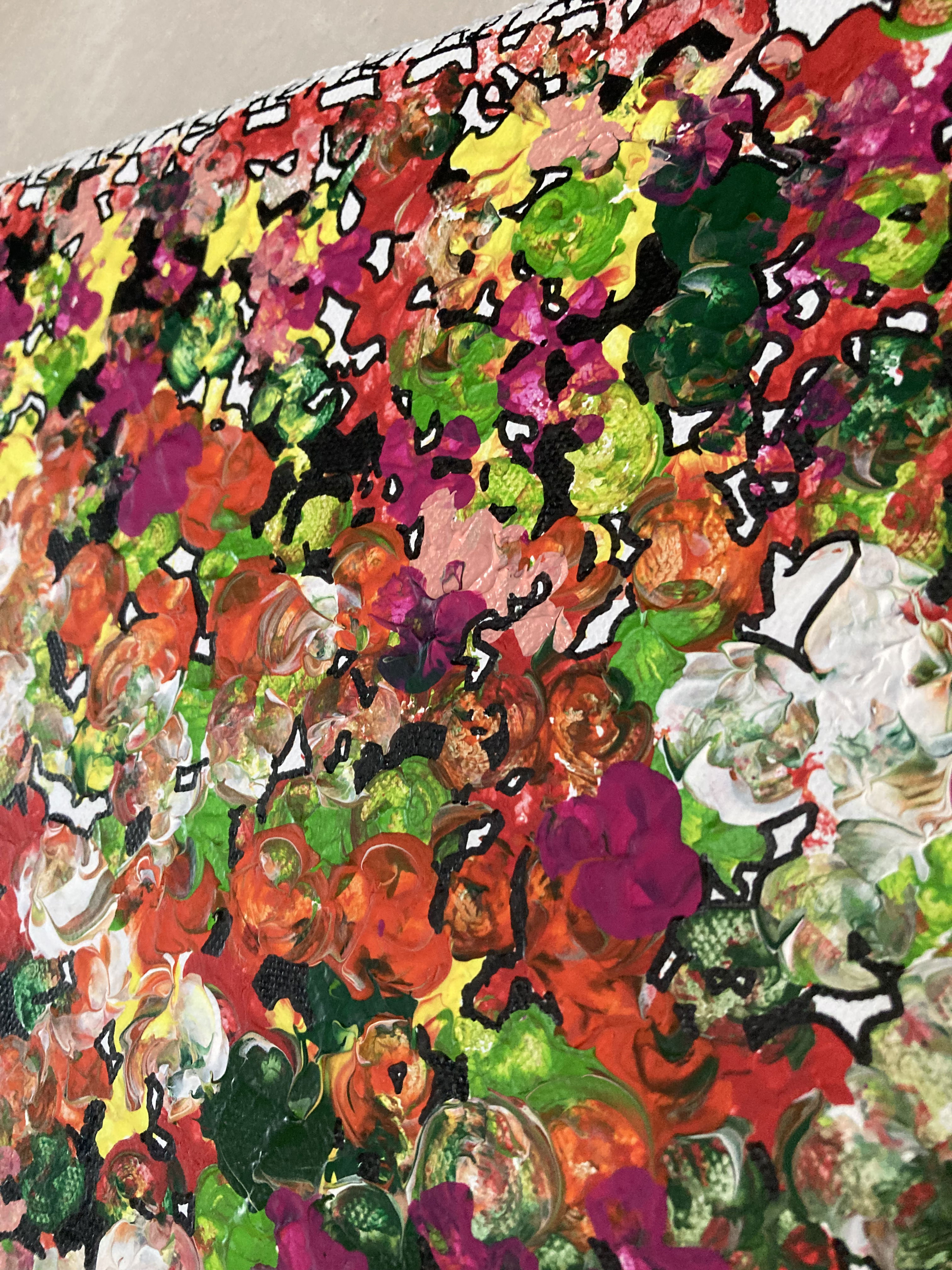 An abstract acrylic painting bursts with vibrant floral hues, resembling a kaleidoscopic tapestry of blooms and foliage, evoking a symphony of springtime. Artwork style is Abstrakt and technique Acryl auf Leinwand.