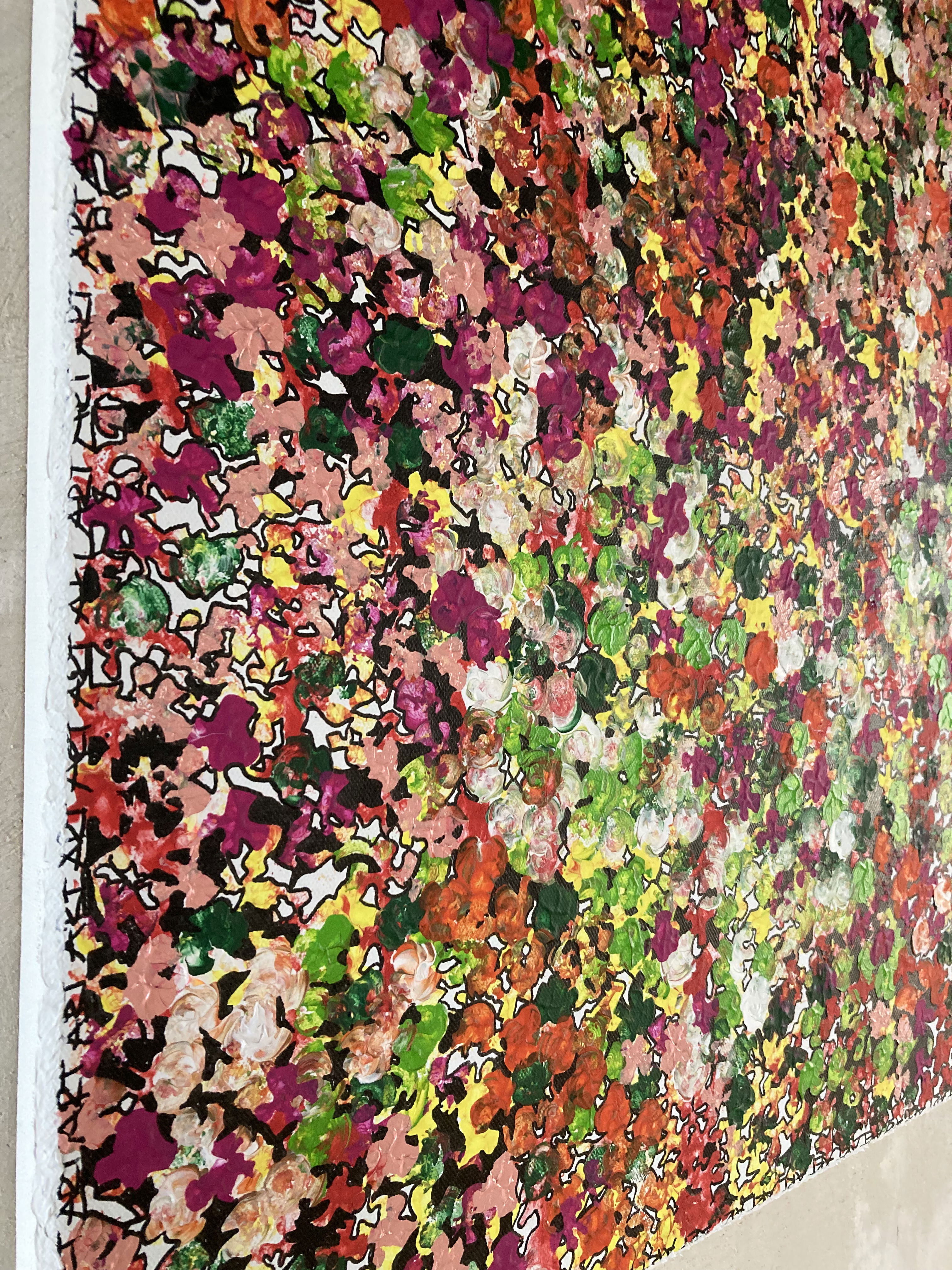An abstract acrylic on canvas, evoking a floral tapestry bursting with vibrant hues and intricate patterns, reminiscent of a confetti explosion in a spring garden. Artwork style is Abstrakt and technique Acryl auf Leinwand.