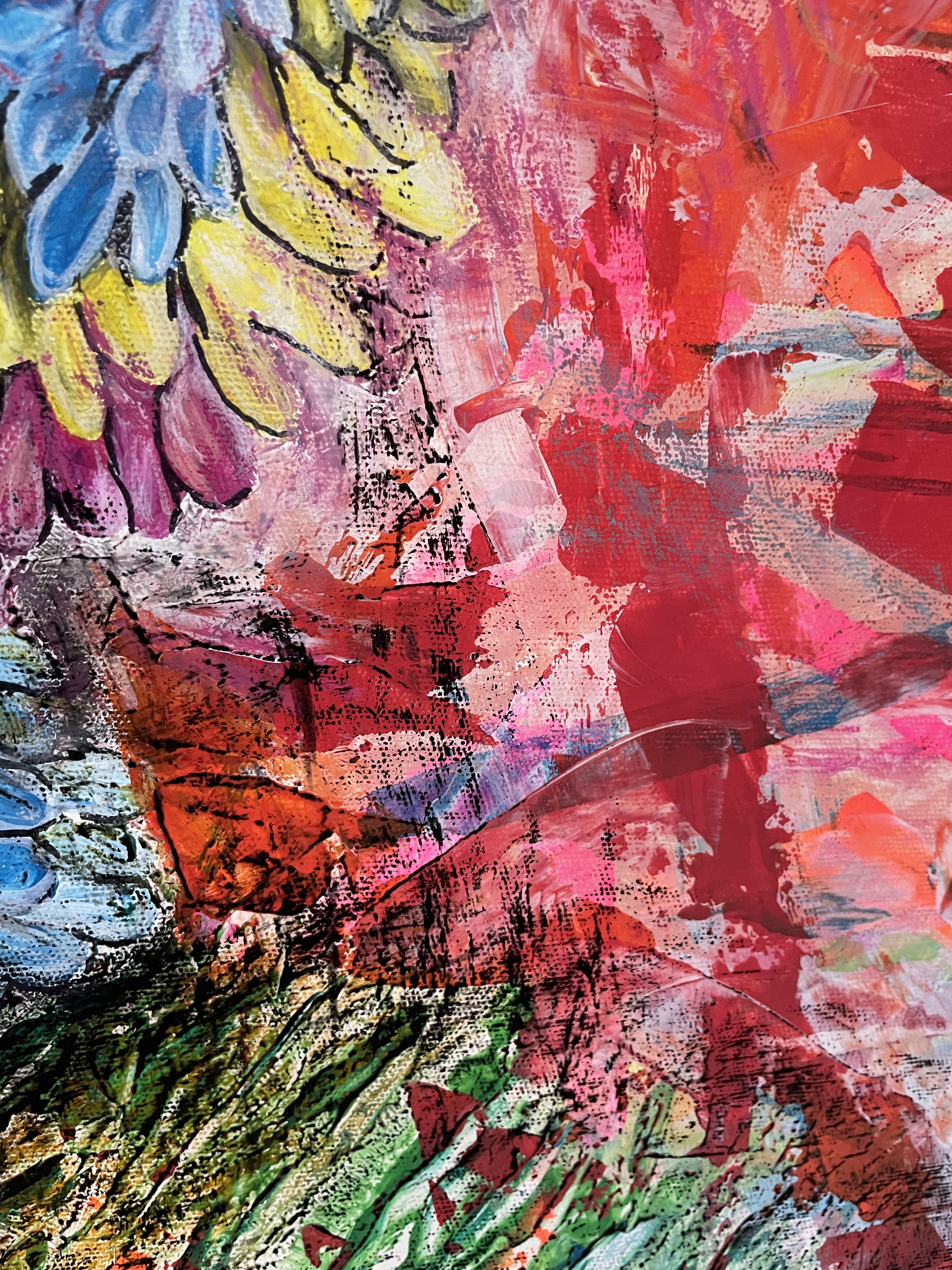 A vibrant tapestry of abstract acrylic and oil pastels, juxtaposing fiery reds and lush verdant greens with ethereal textures of blooming flora, evoking chaotic tranquility. Artwork style is Abstrakt and technique Acryl Ölkreide.