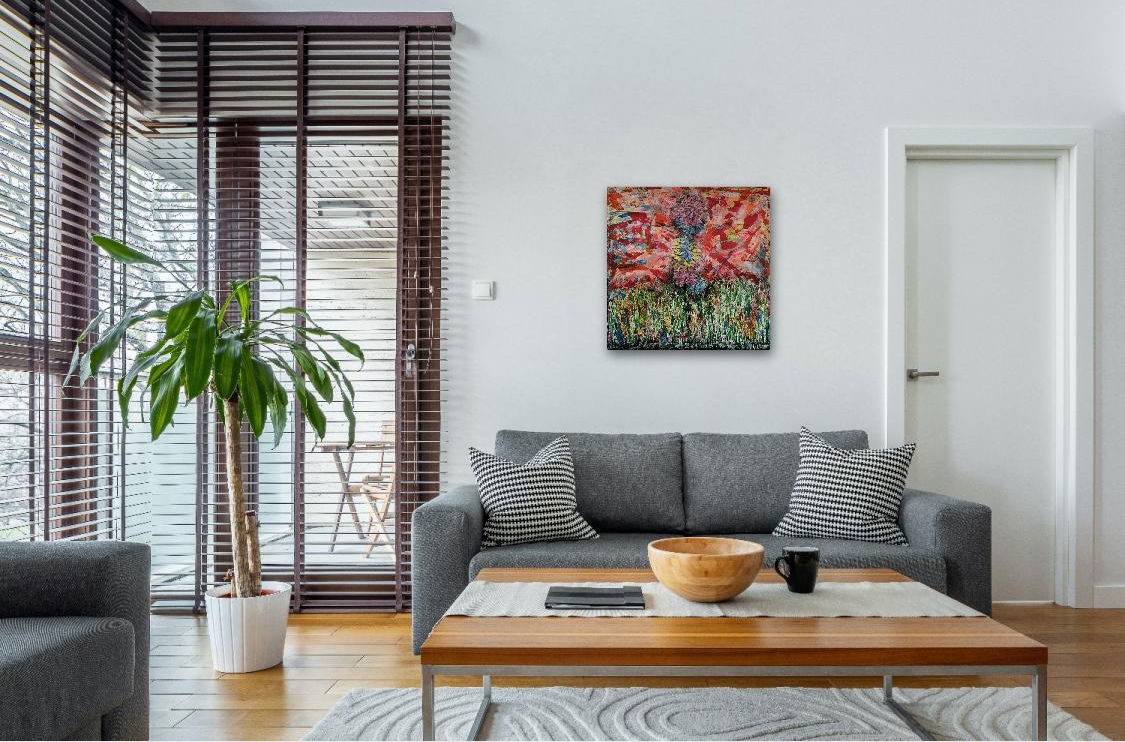 A vibrant acrylic and oil pastel abstract, blending fiery reds with lush greens, evokes nature's juxtaposed tranquility and chaos, creating a surreal crescendo of textures. Artwork style is Abstrakt and technique Acryl Ölkreide.