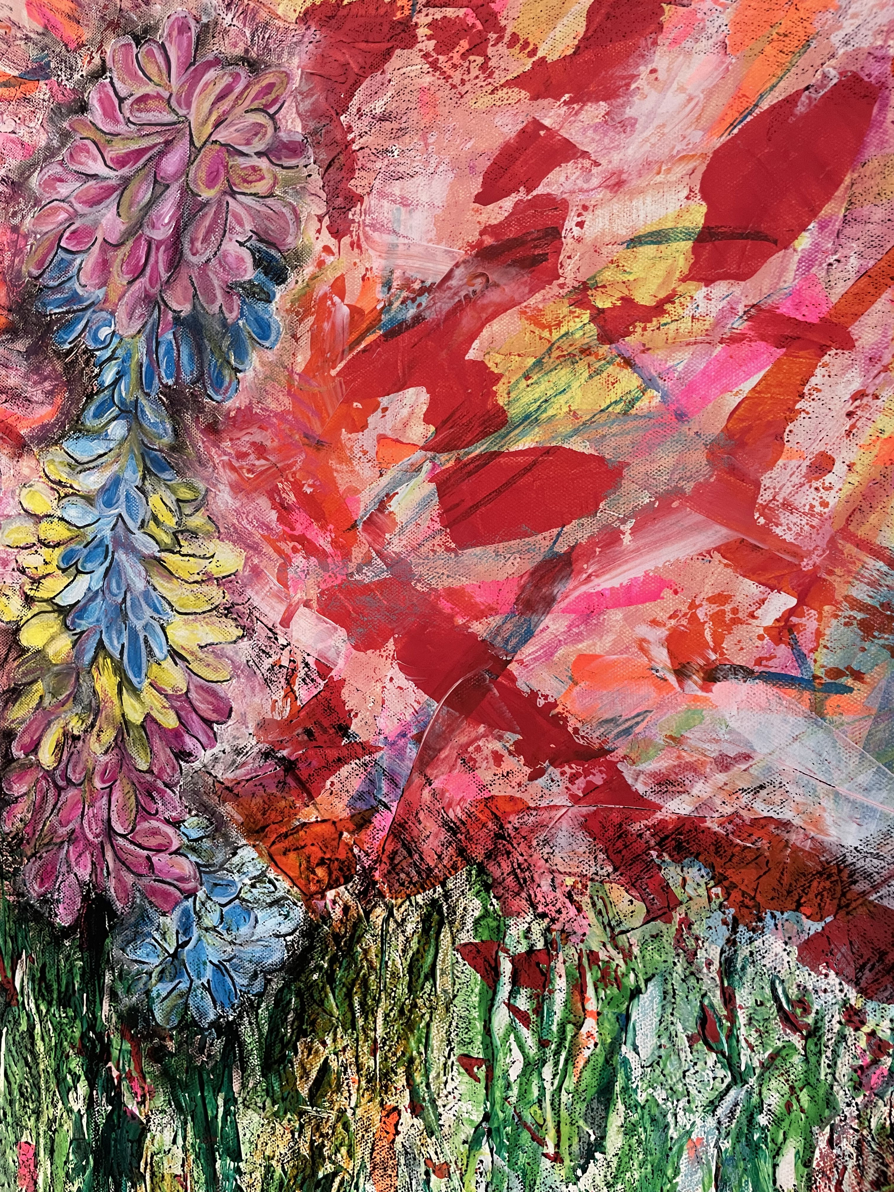 Abstract artwork with vibrant acrylic and oil pastel; a surreal blend of fiery chaos and lush tranquility, merging flora’s ethereal bloom with textured verdant foliage. Artwork style is Abstrakt and technique Acryl Ölkreide.