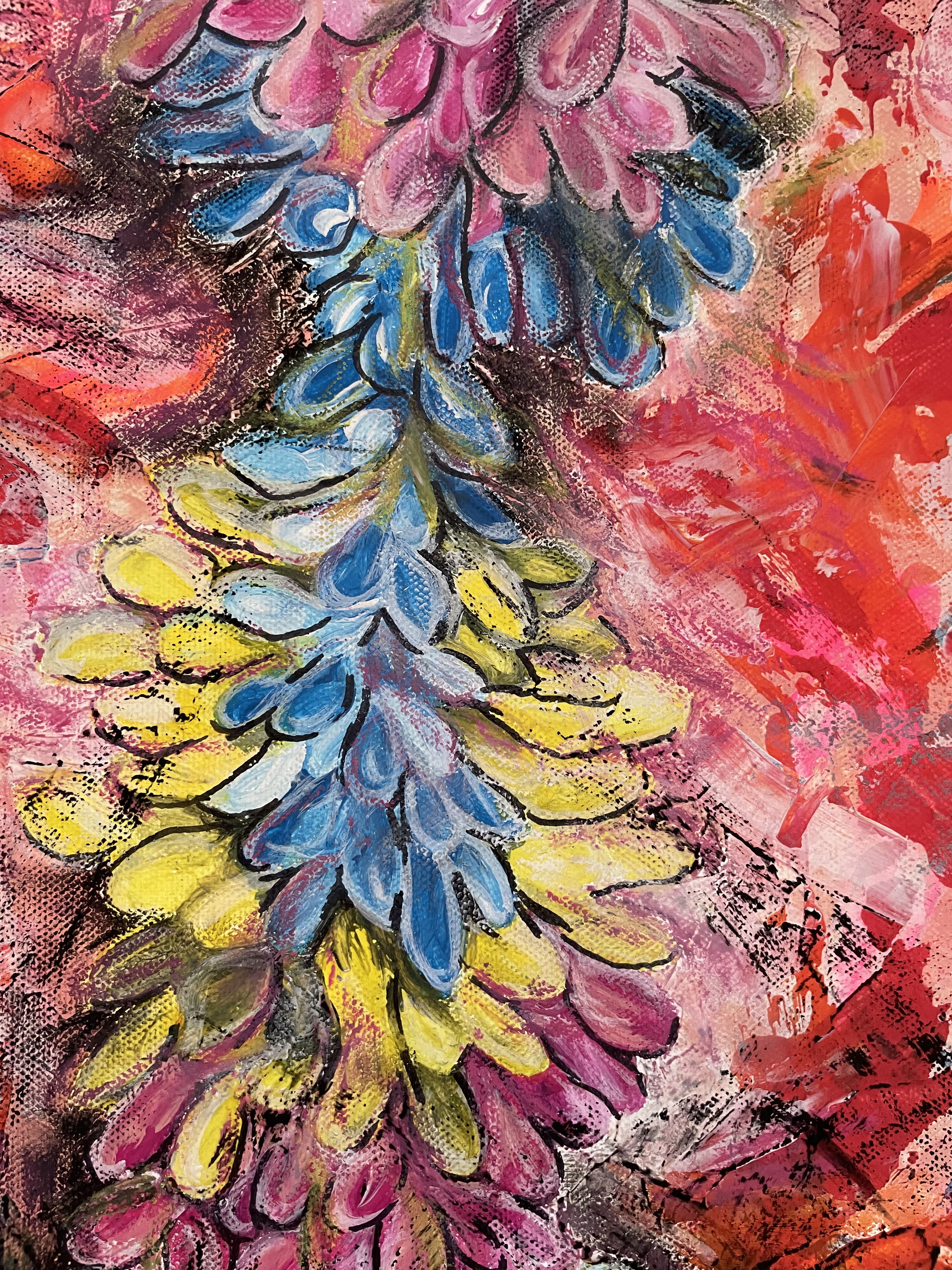 Abstract acrylic and oil pastel painting exuding vibrant hues of flora, juxtaposing tranquility with chaos, harmonizing nature's bloom in a crescendo of fiery passion. Artwork style is Abstrakt and technique Acryl Ölkreide.